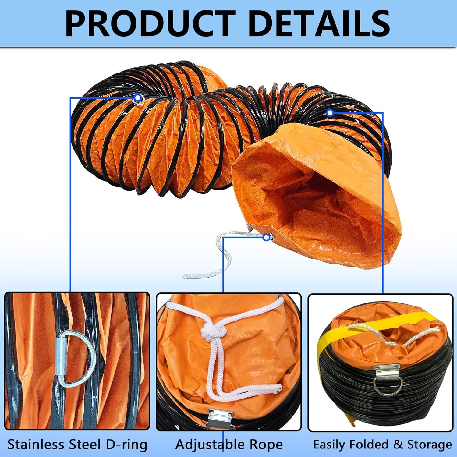 This image breaks down the physical components and features of the flexible ducting product, highlighting the D-ring attachment, adjustable rope mechanism,…