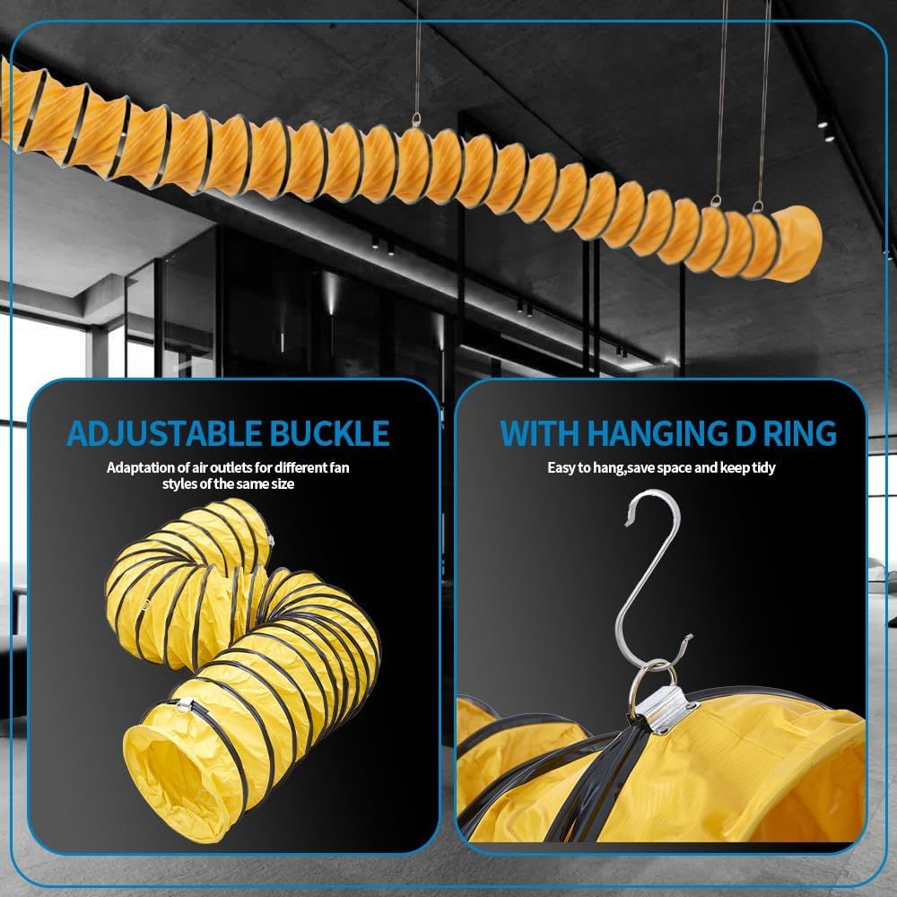 Highlights two distinct product features in a segmented layout: the adjustable buckle for fan compatibility and the hanging D-ring for easy storage and…