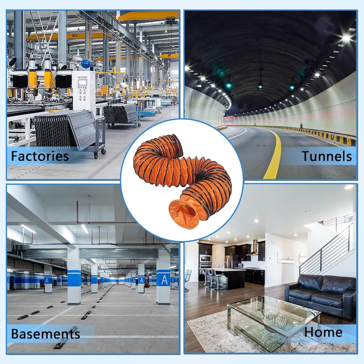 Demonstrates the versatility of the product (flexible ducting/hose) by showing it can be used across multiple environments and industries, from industrial…