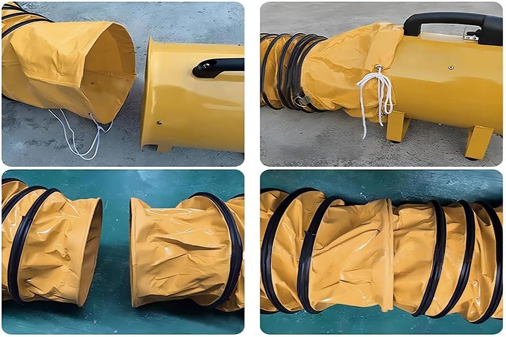 Shows all components included with the purchase—the main blower unit and the flexible yellow ducting—to help shoppers understand what they receive in the…