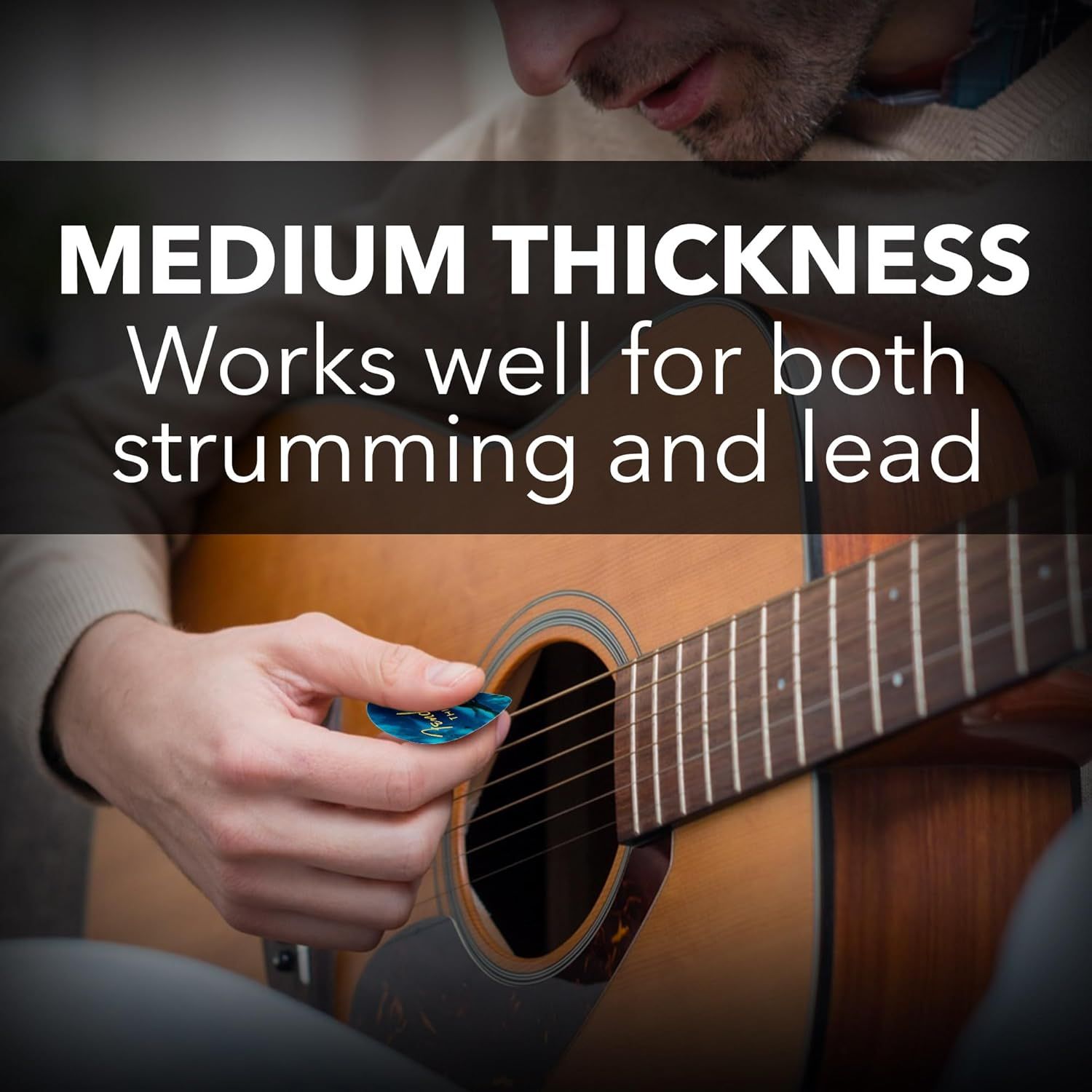 Communicates that the guitar pick's medium thickness makes it versatile and suitable for both strumming and lead playing techniques, helping shoppers understand its functional benefit.