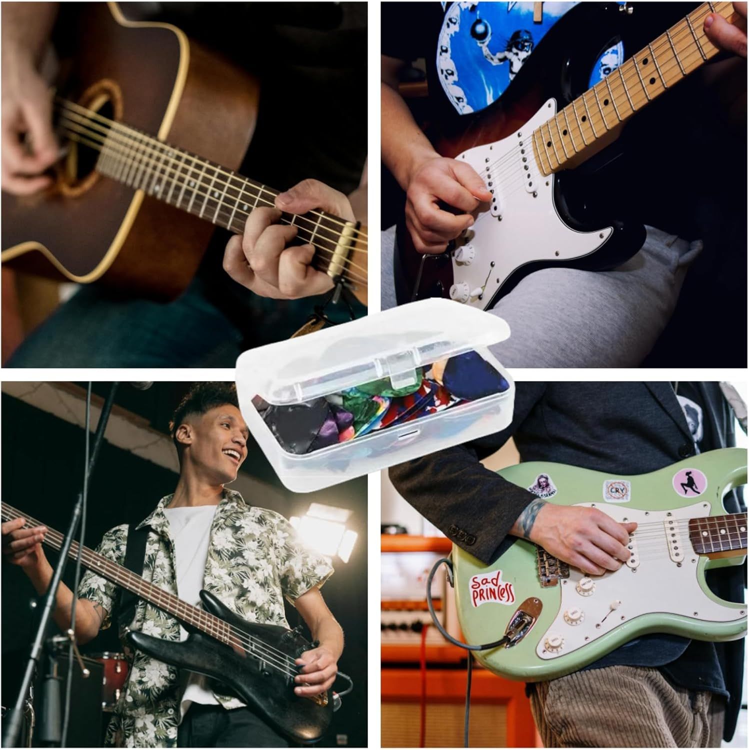 Demonstrates the product in authentic use contexts to help shoppers visualize themselves using the guitars in various musical settings and styles.