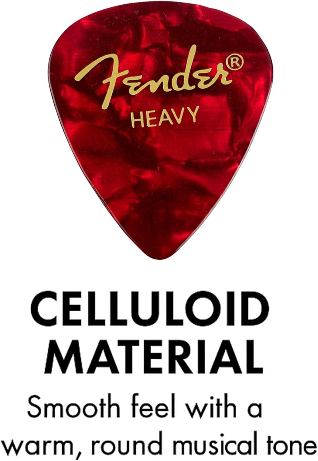 Highlights the premium celluloid material of the guitar pick and its benefit of providing a smooth feel with warm, round musical tone to appeal to musicians seeking quality sound.