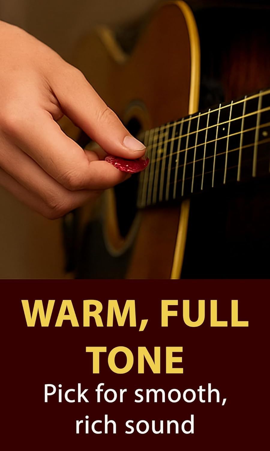 Communicates that the guitar pick delivers a warm, full tone with smooth and rich sound quality, appealing to musicians seeking superior audio performance.