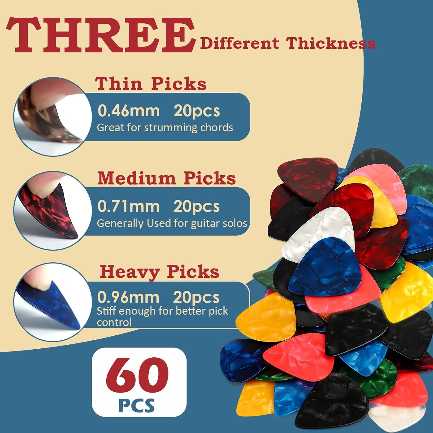 This image showcases the brand's guitar pick product line, helping shoppers understand the three thickness options available (thin, medium, heavy) and choose the right variant for their playing style.