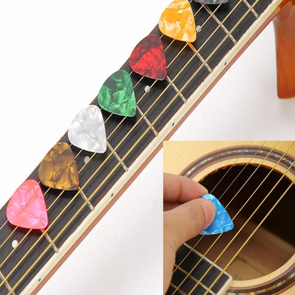 Shows the customer all the colorful guitar pick options included in the purchase, demonstrating variety and value.