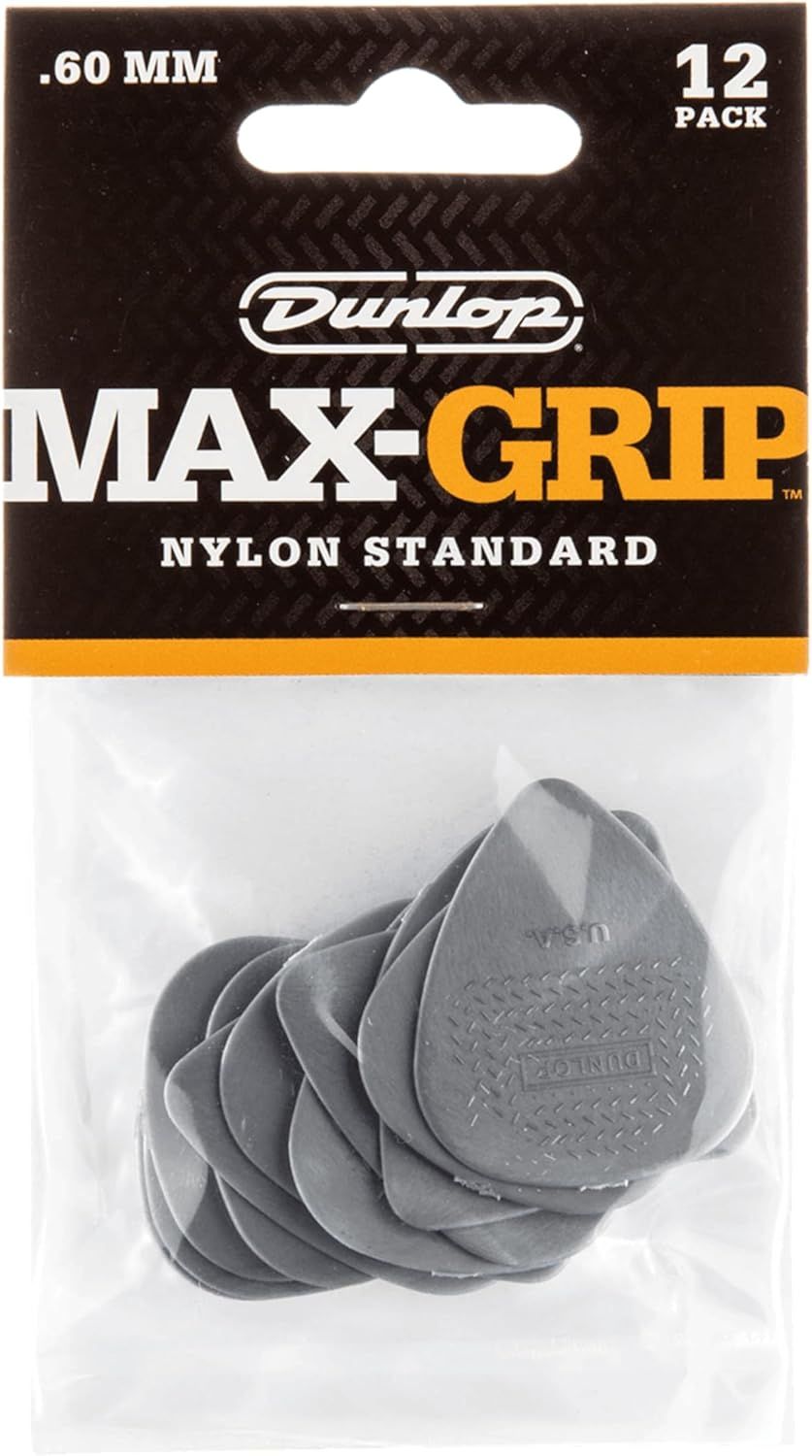 Shows the customer exactly what they will receive in the package—a 12-pack of Dunlop Max-Grip guitar picks with specific material and thickness specifications.