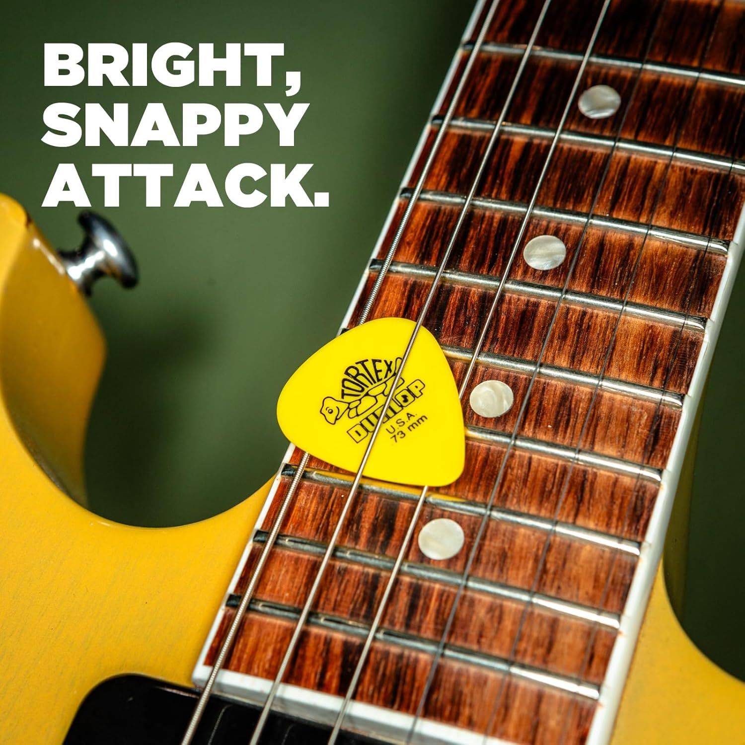 Communicates the tonal quality and sound characteristic of the guitar pick, emphasizing its ability to produce a bright and snappy attack for musicians.
