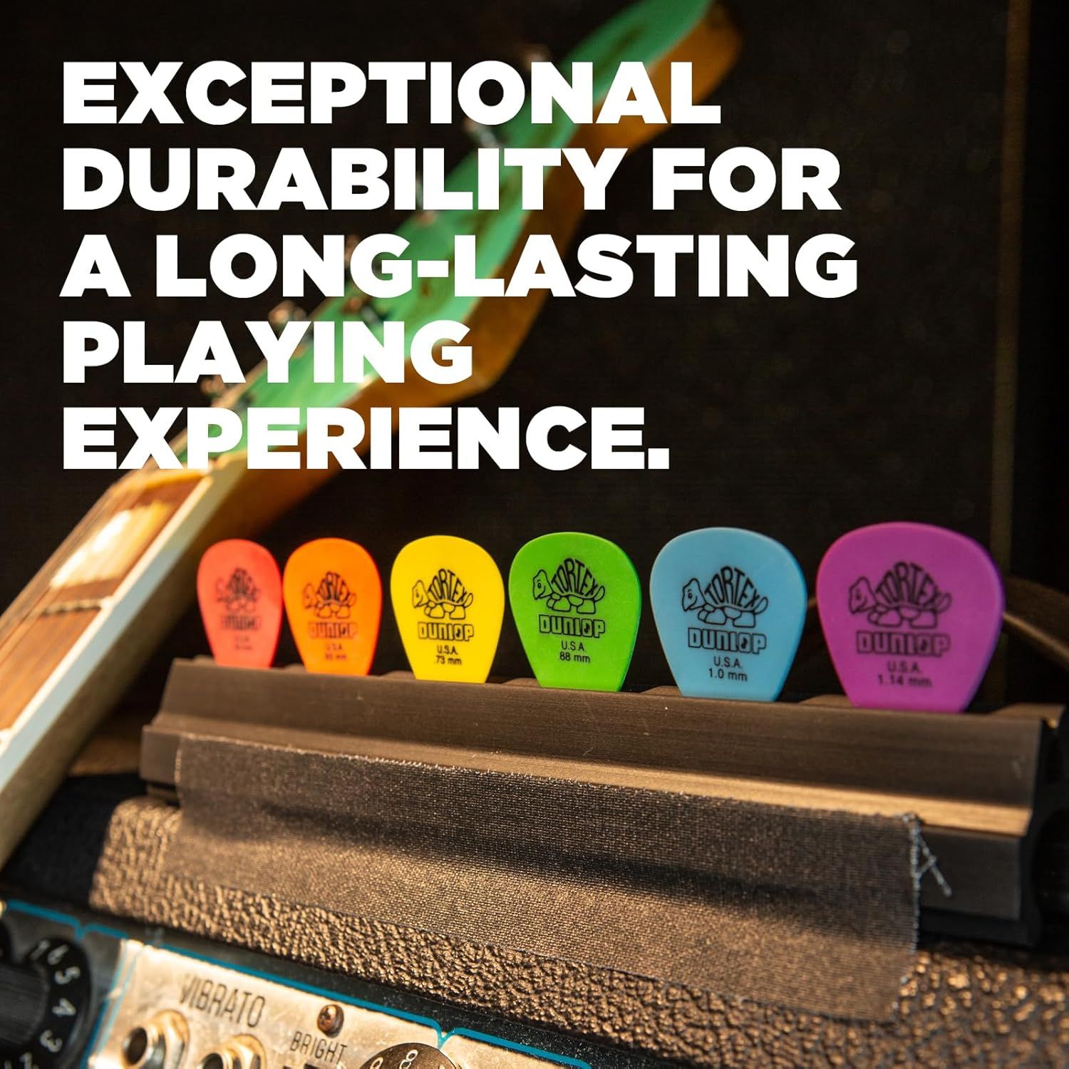 Communicates that the guitar picks are exceptionally durable and designed for long-lasting use, reassuring musicians about product quality and longevity.