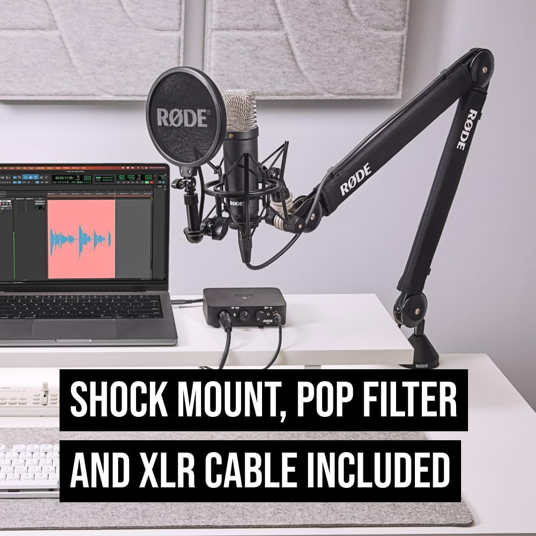 Communicates to the shopper that the microphone package includes essential accessories (shock mount, pop filter, and XLR cable) to provide immediate value and readiness for use.
