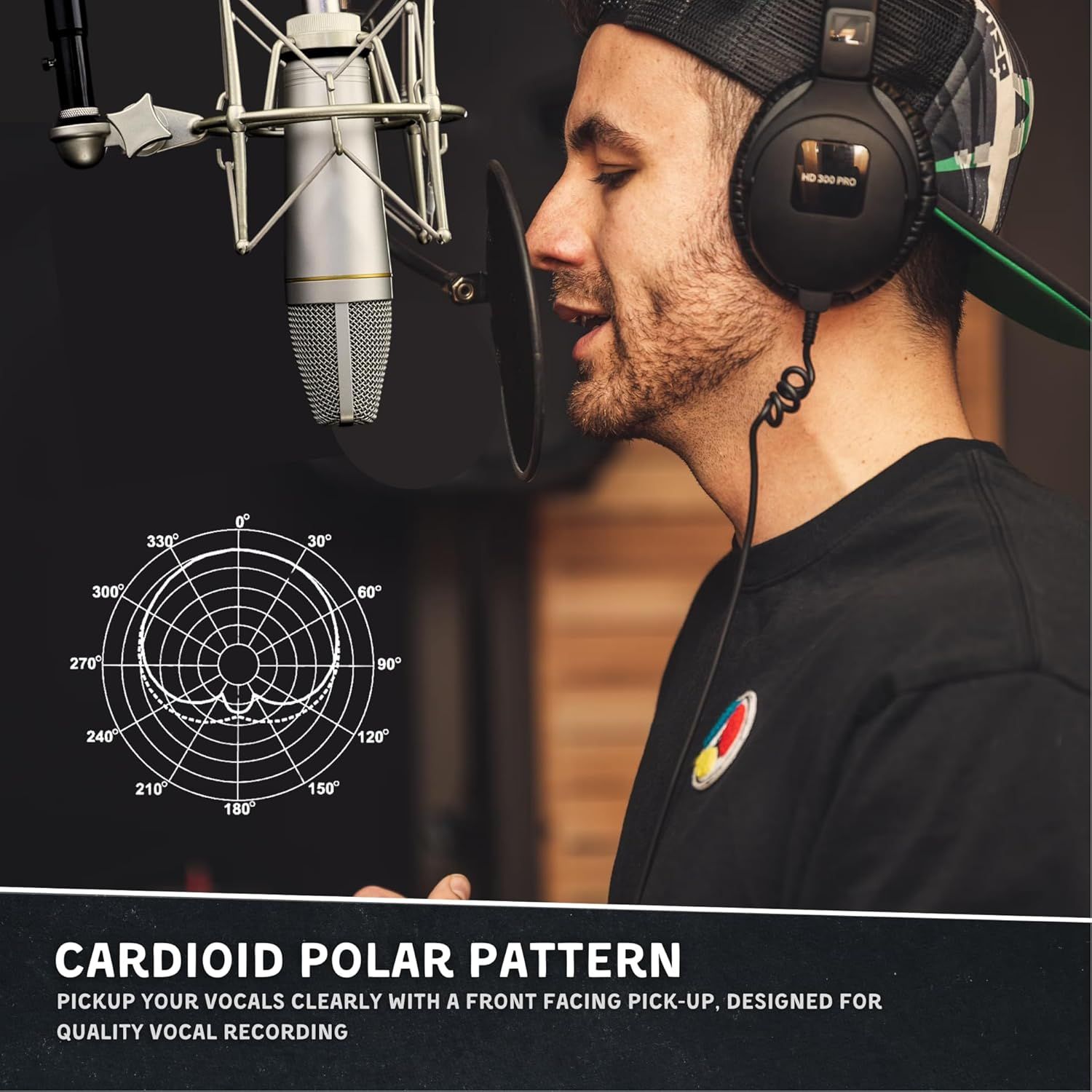 Highlights the microphone's cardioid polar pattern pickup design, reassuring shoppers that it captures vocals clearly from the front while minimizing background noise for quality recording.
