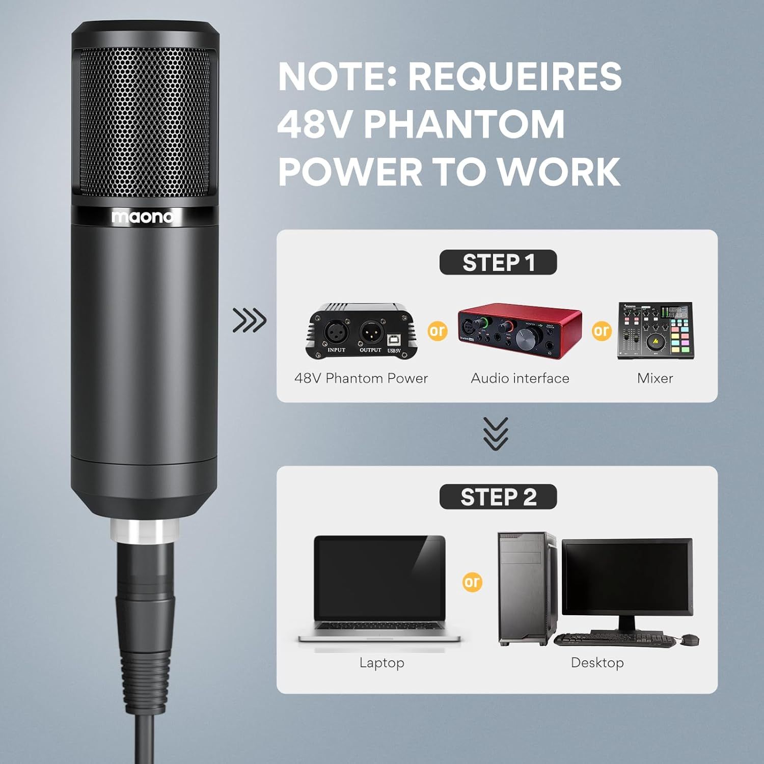 Explains the two-step setup process for the microphone, showing shoppers what equipment they need (48V phantom power source in Step 1) and how to connect it to their recording device (laptop or…