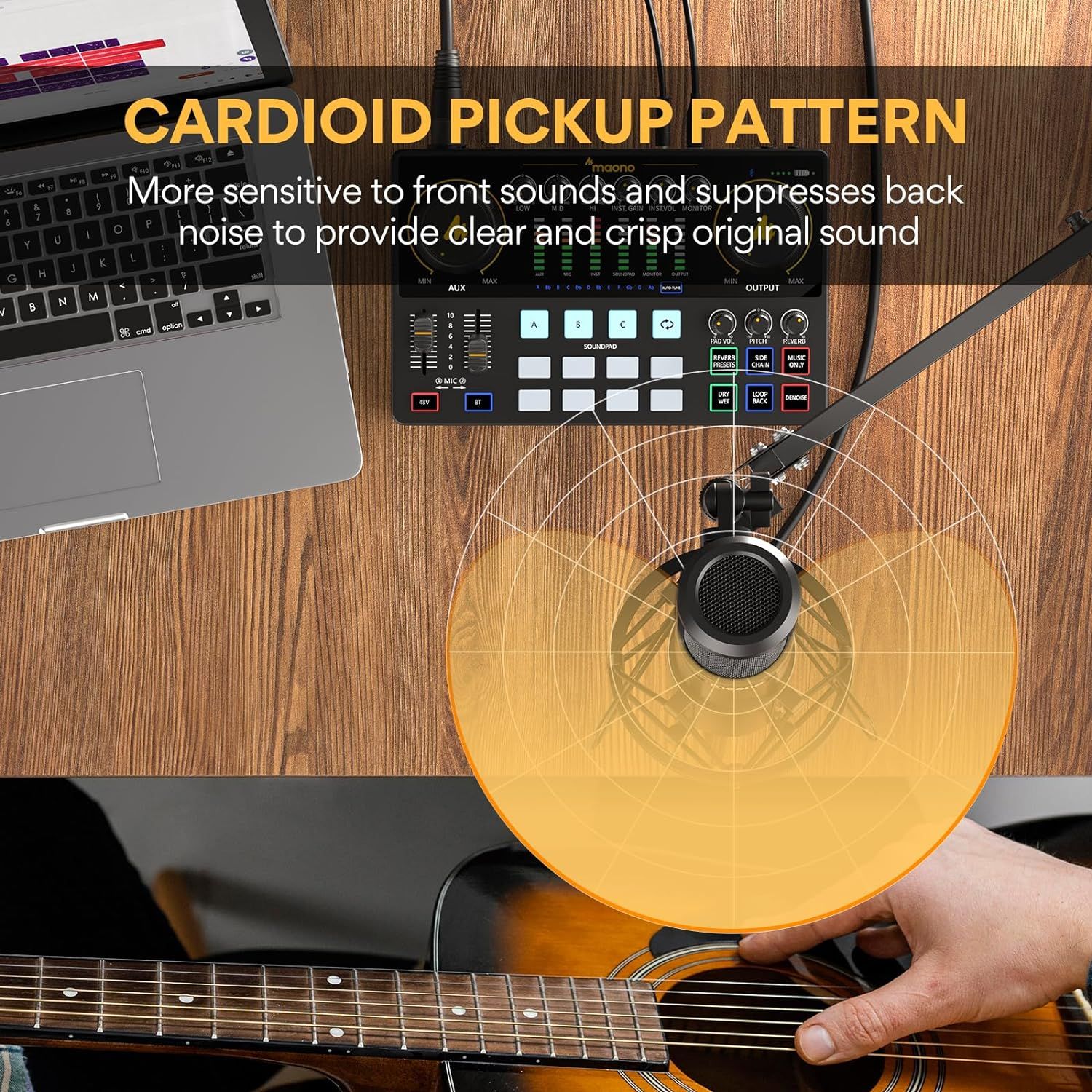 Highlights the microphone's cardioid pickup pattern technology, which focuses on front sounds while suppressing background noise, reassuring shoppers of clear audio quality for recording or streaming.