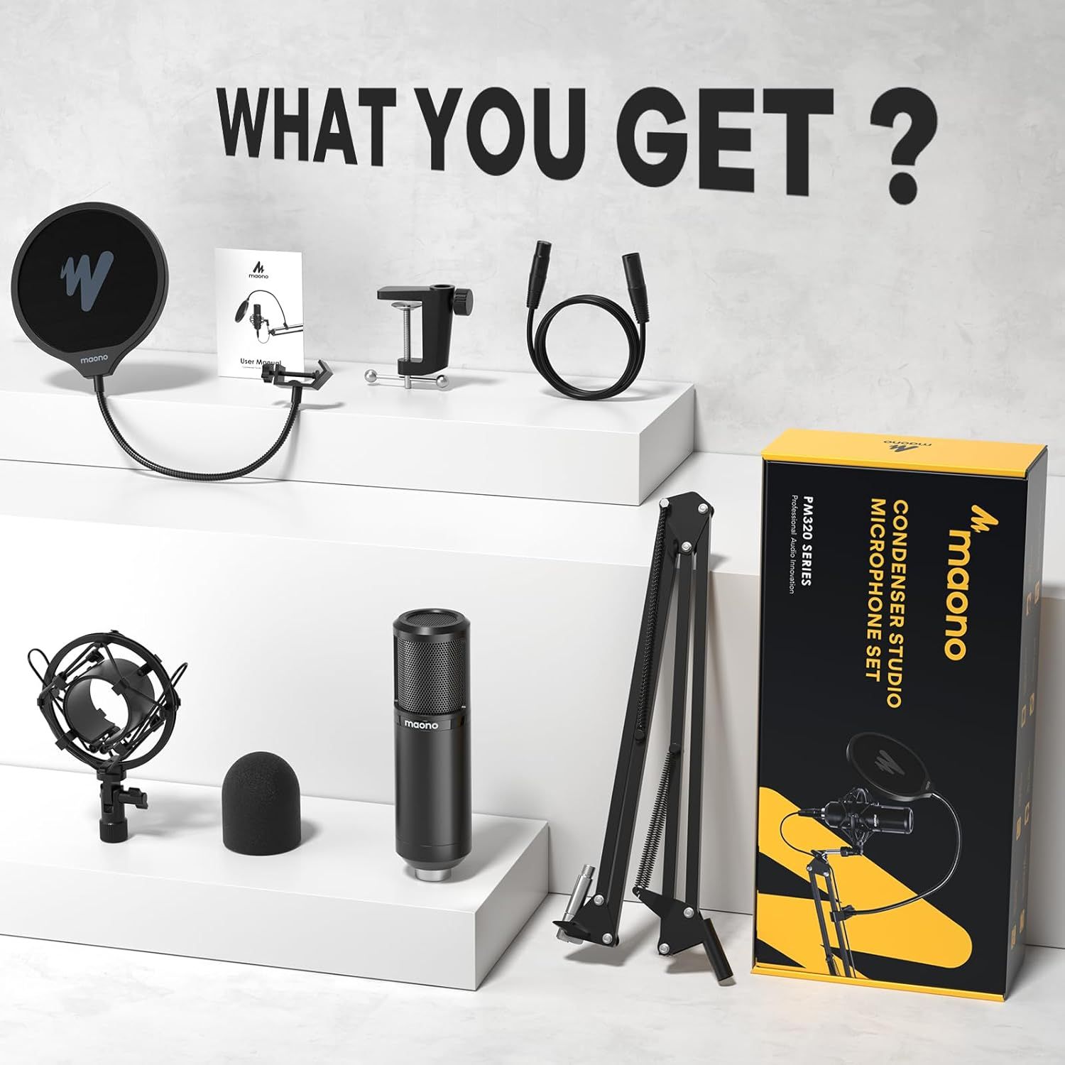 Shows the customer everything included in the package: condenser microphone, pop filter, shock mount, cables, boom arm stand, and all mounting hardware to demonstrate the complete value of the bundle.