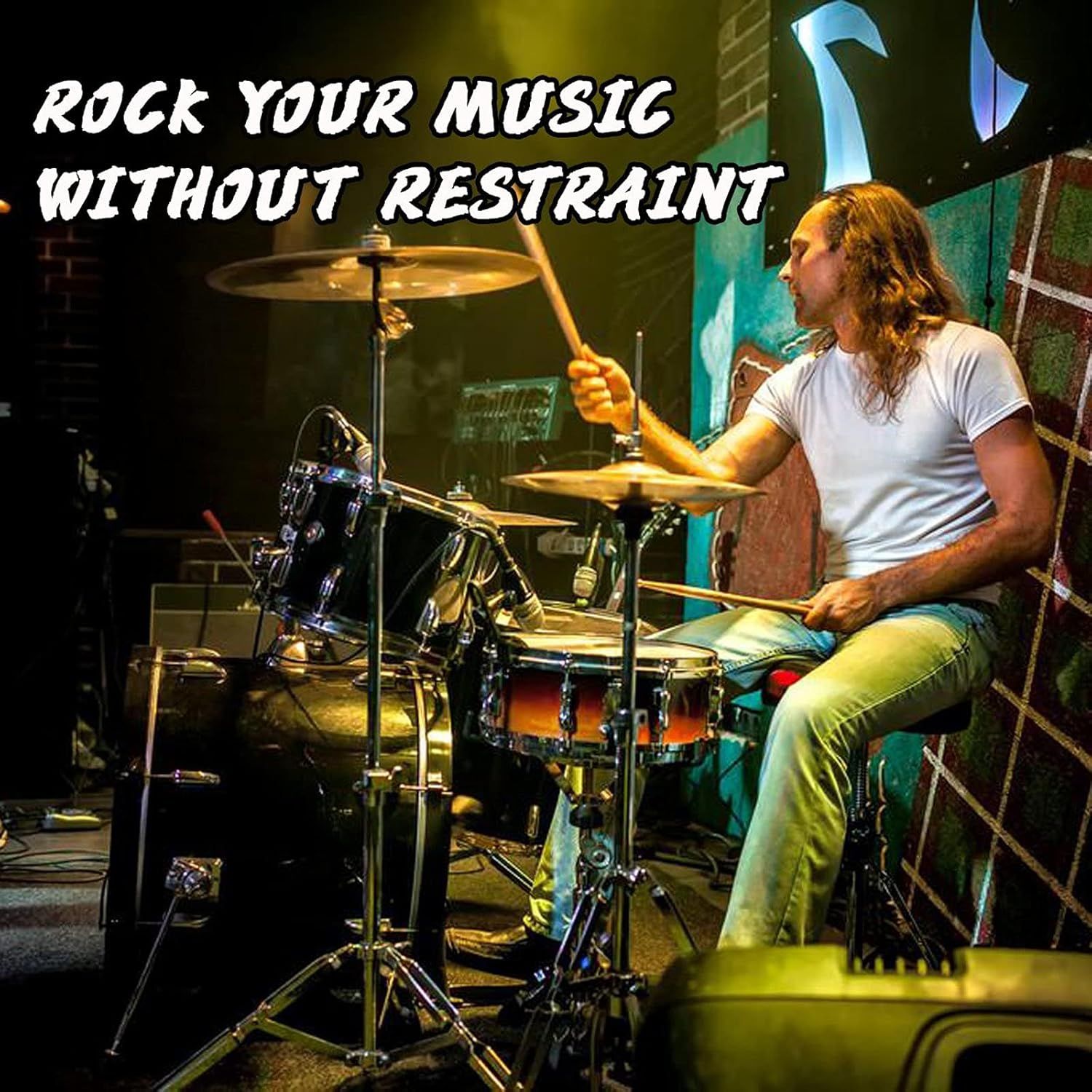 Demonstrates the product in an authentic performance environment to show musicians how the drum set looks and performs in a real-world rock music setting.