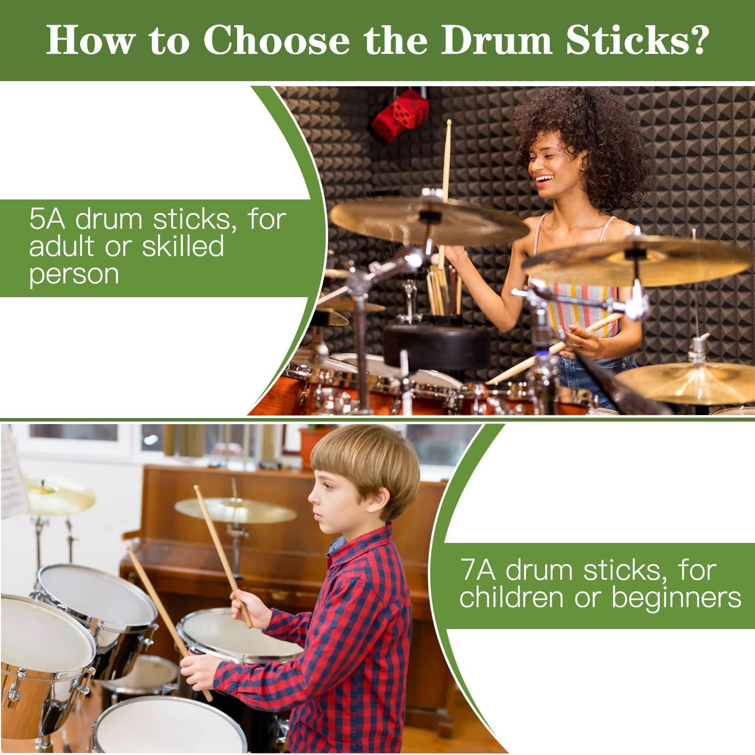 Guides shoppers in selecting the right drum stick size by showing two product variants (5A for adults/skilled players, 7A for children/beginners) with lifestyle context to help them make an informed…