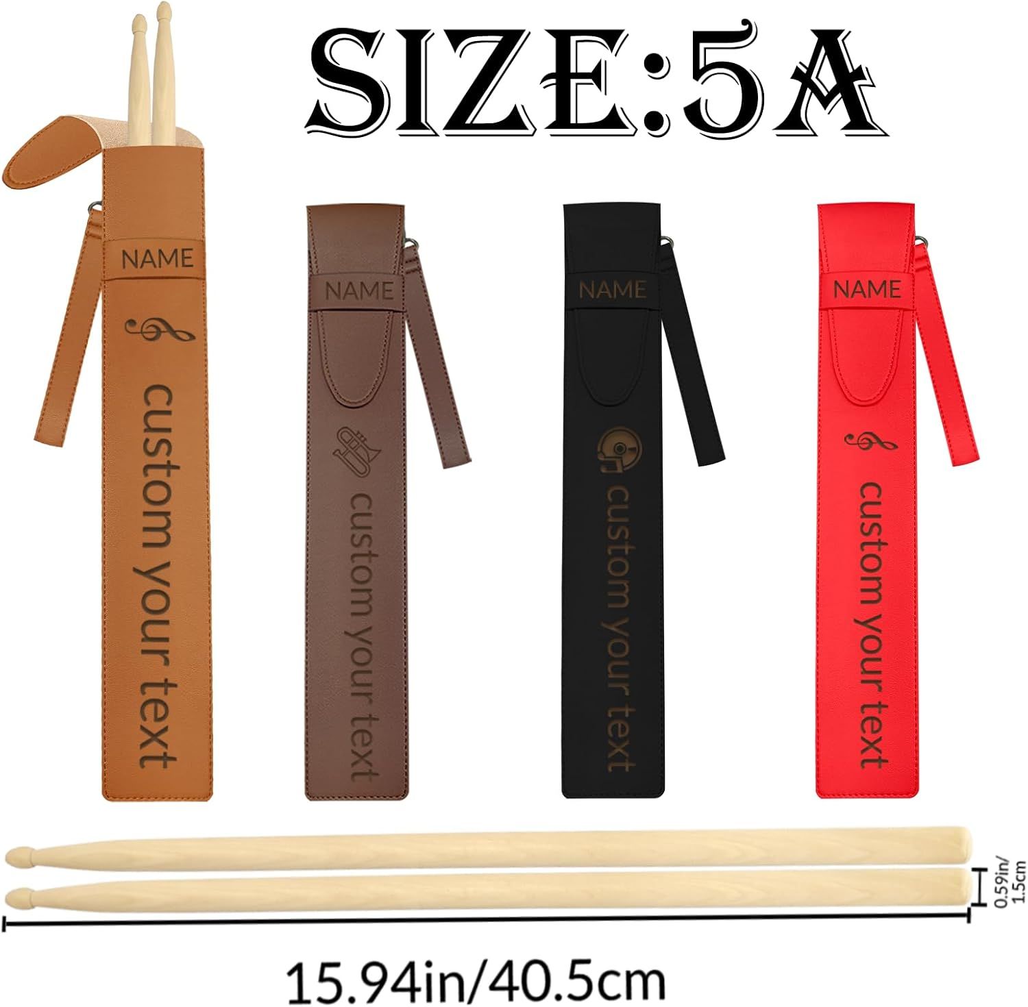 Communicates the exact physical size of the drumstick holder (15.94in/40.5cm length and 0.95in/1.5cm width) using dimensional measurements with arrows to help shoppers understand if it will fit…