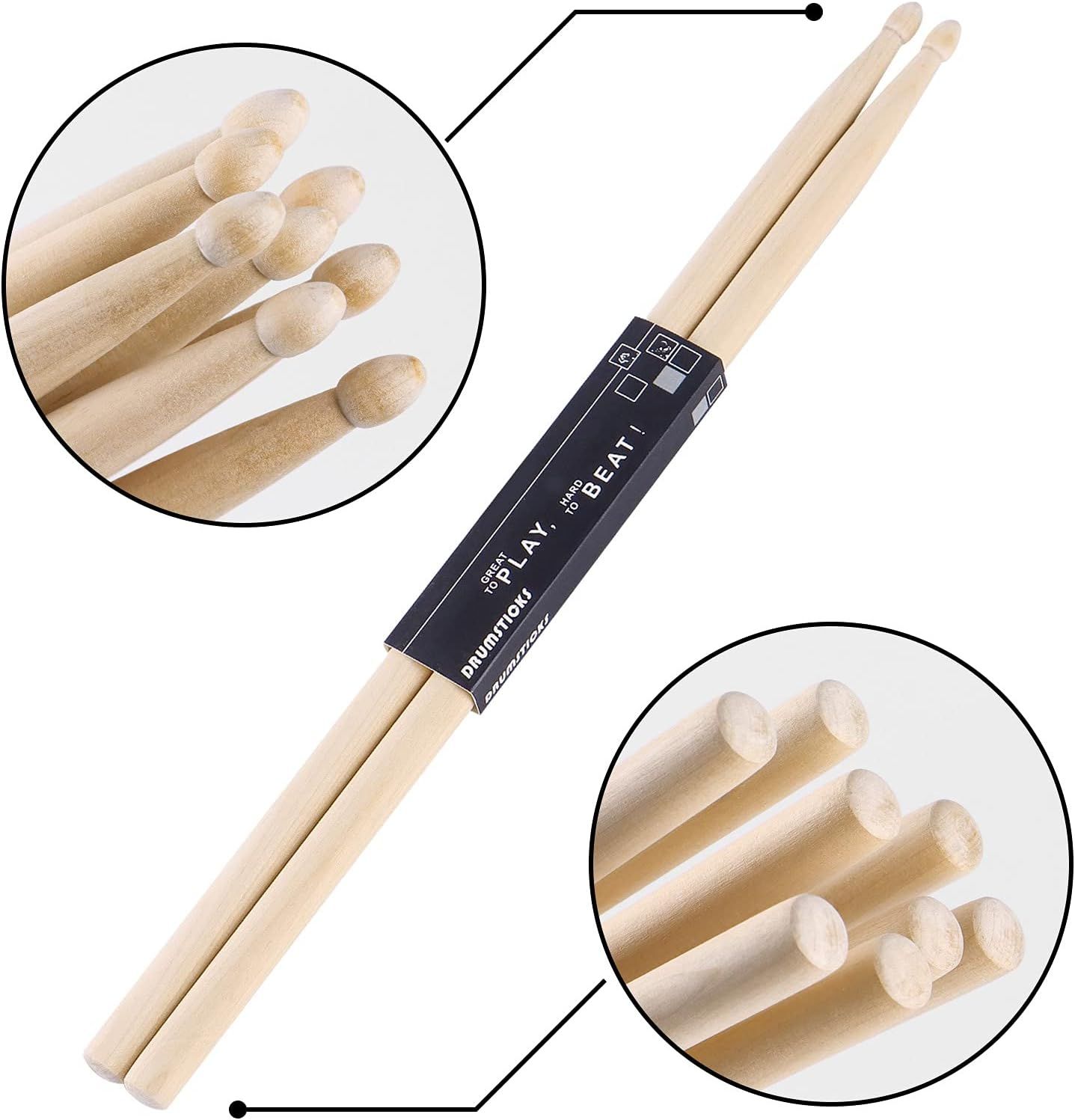 Highlights the physical construction details of the drumsticks, showing the tip design and end cap to help shoppers understand the product's build quality and structural features.