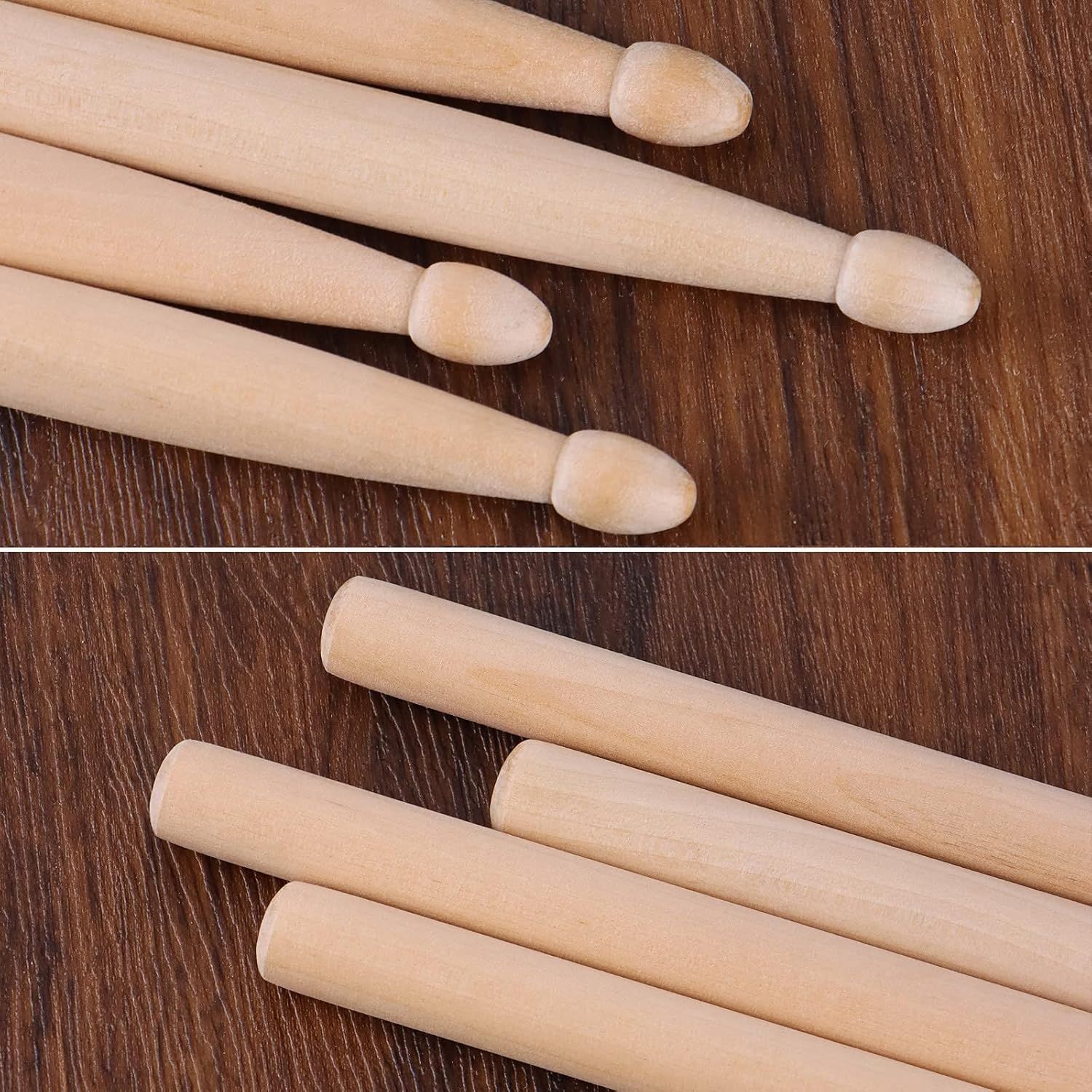 Highlights the physical construction and design details of the drumsticks, showing the rounded tip and smooth wooden body to communicate quality craftsmanship and functional design.
