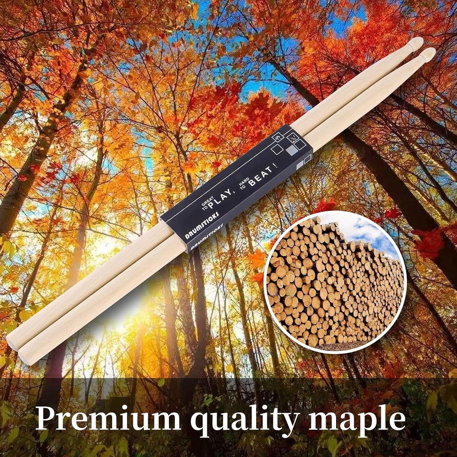 Highlights the premium maple wood construction of the drumsticks to communicate quality and durability to musicians.