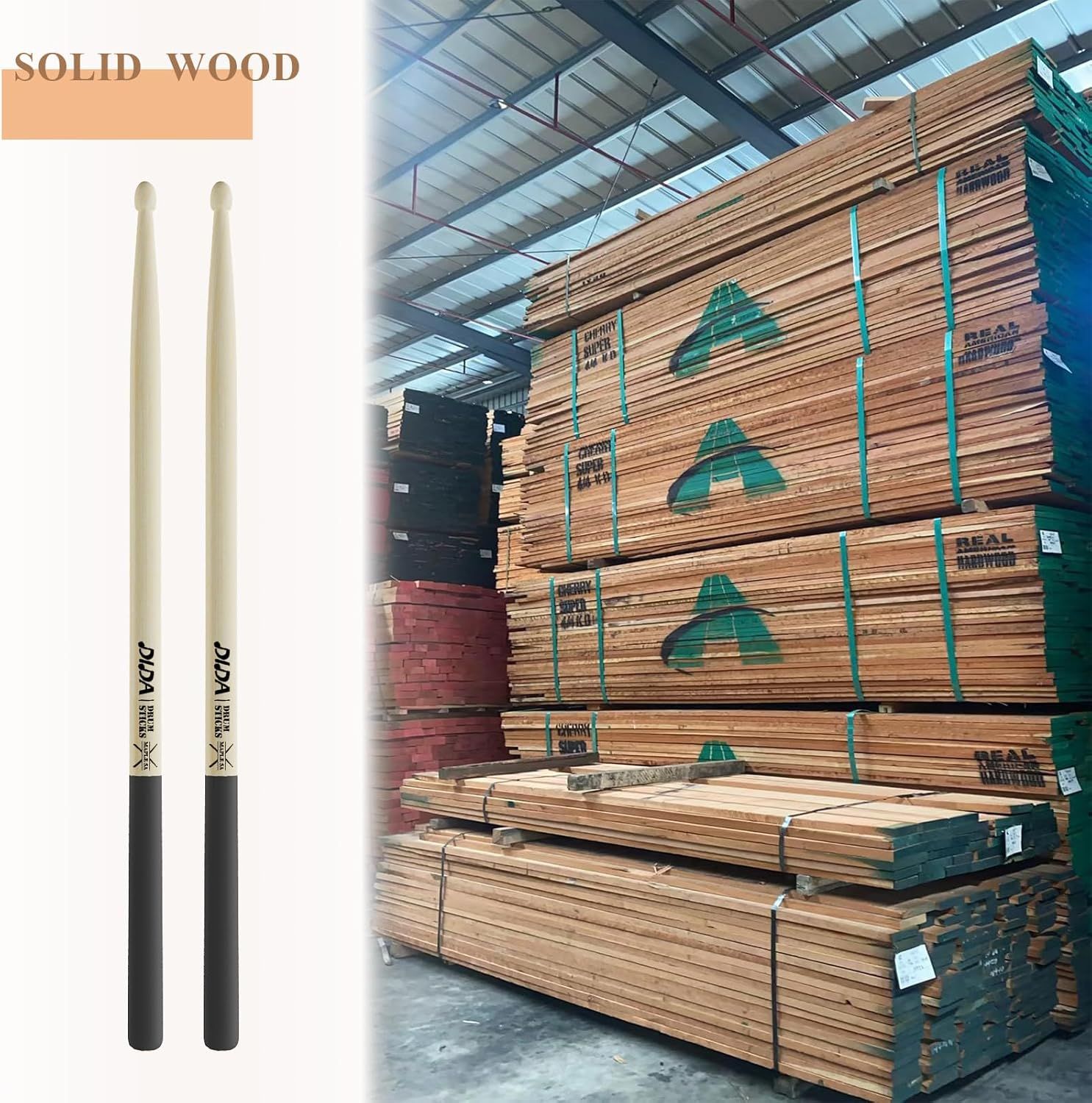 Communicates that the product is made from genuine solid wood material, reassuring shoppers of quality and authenticity through a visual of real wood lumber in a warehouse setting.