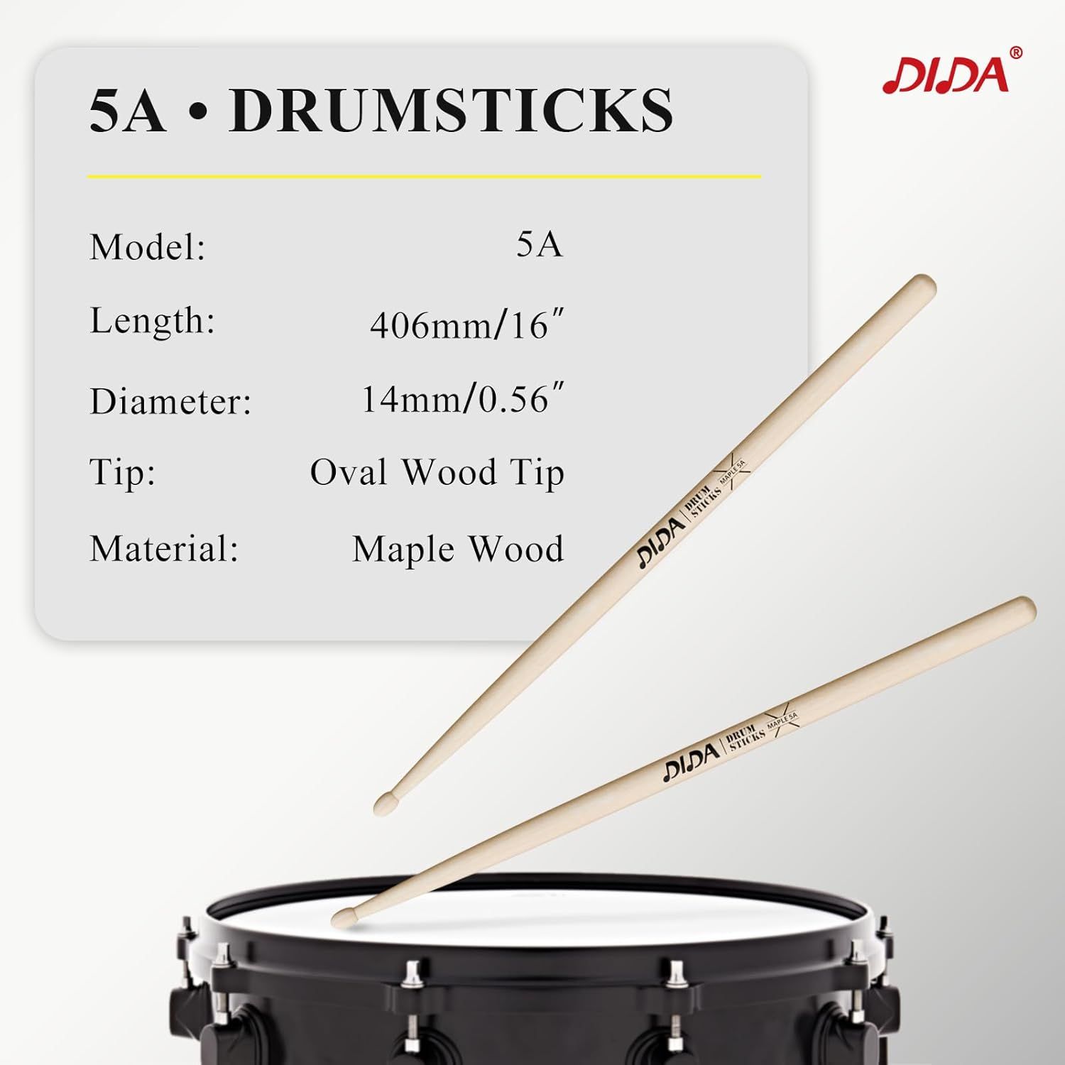 Communicates the exact physical dimensions of the drumsticks (length 406mm/16 inches, diameter 14mm/0.56 inches) to help shoppers understand the size and ensure compatibility with their needs.…