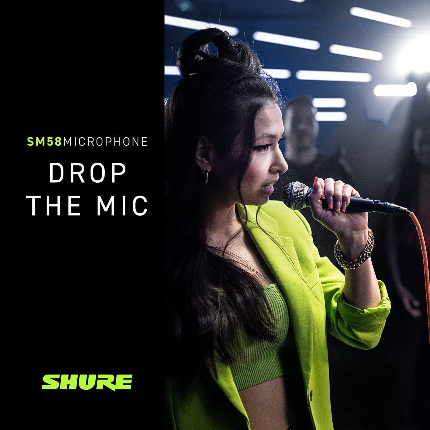 This image establishes brand identity and emotional connection by showcasing the Shure SM58 microphone in a professional performance context, reinforcing the brand's association with quality audio…