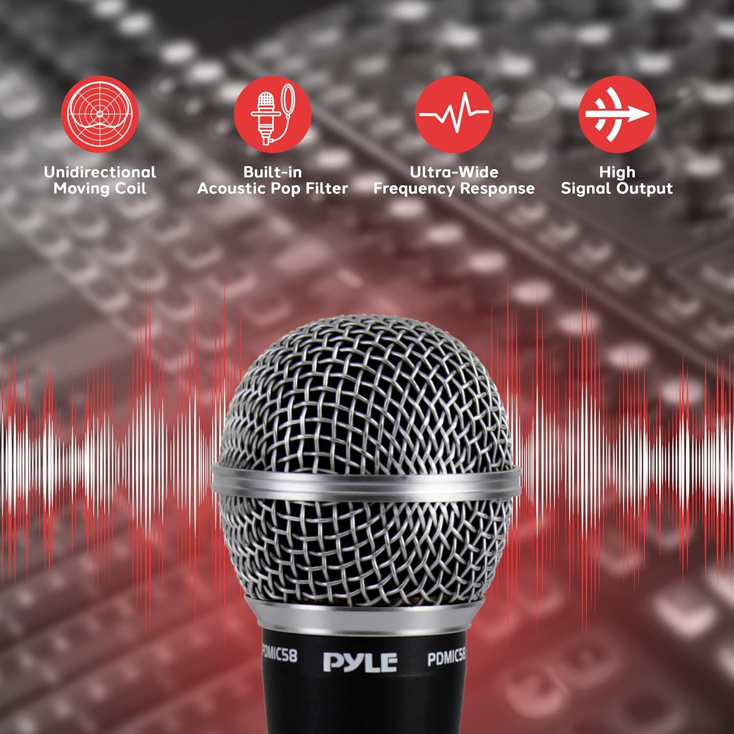 Communicates four distinct technical features of the microphone to demonstrate its professional audio quality and performance capabilities to shoppers.