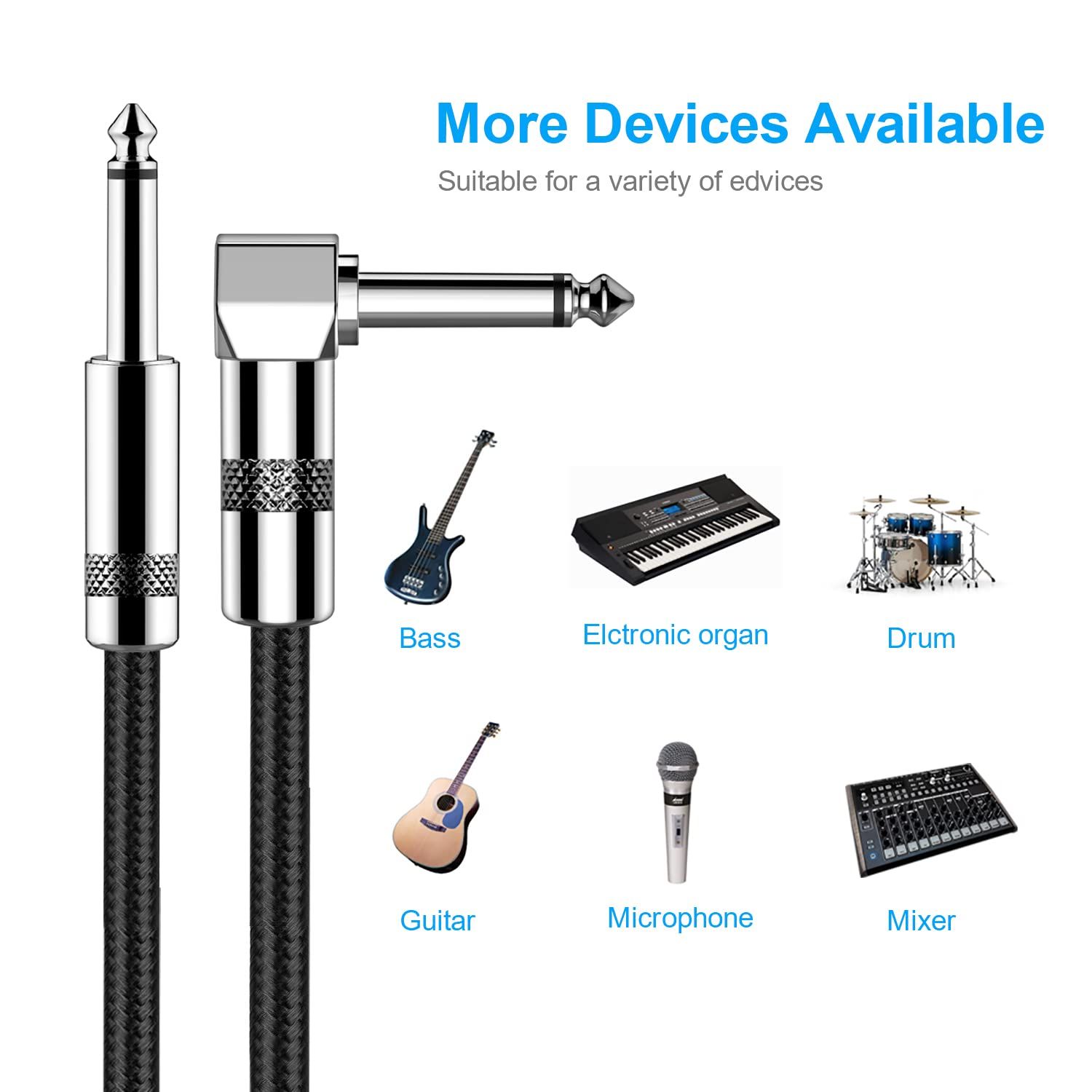 Demonstrates the cable's versatility by showing it works with multiple musical instruments and audio devices including bass, electronic organ, drum, guitar,…