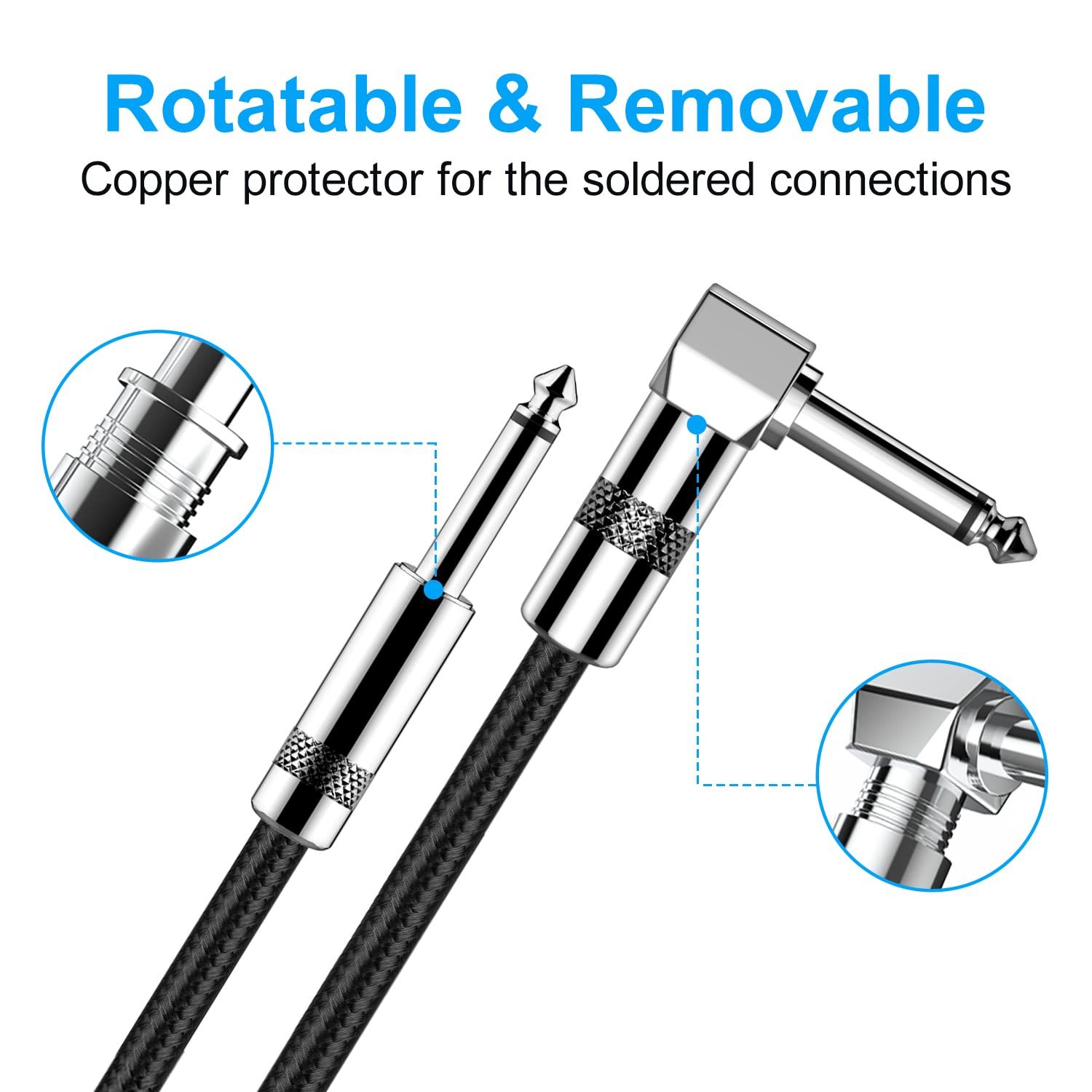 Highlights the rotatable and removable copper protector feature of the soldered connections, showing the physical construction and design of the cable…