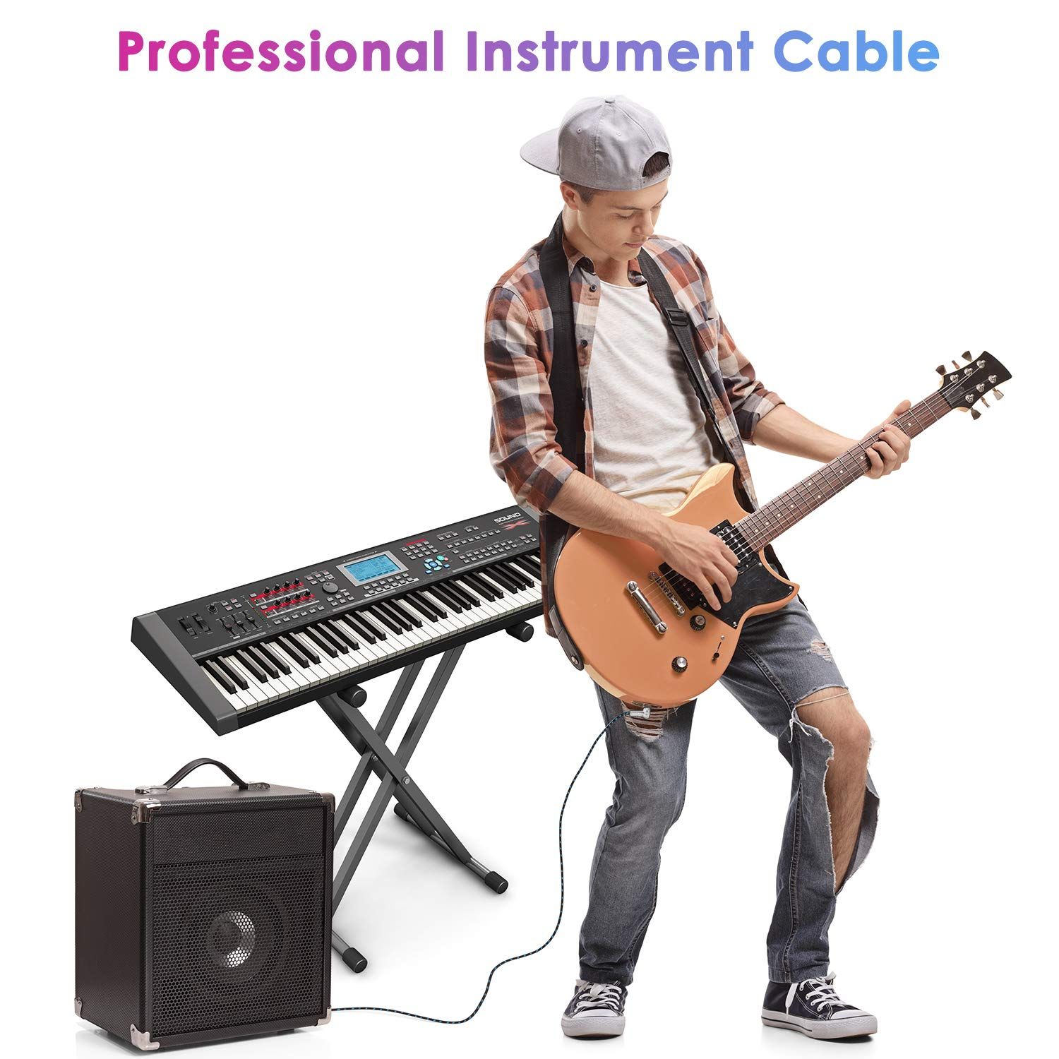 Demonstrates the product (instrument cable) in a real-world musical context, showing a musician using it to connect a guitar to an amplifier and keyboard…