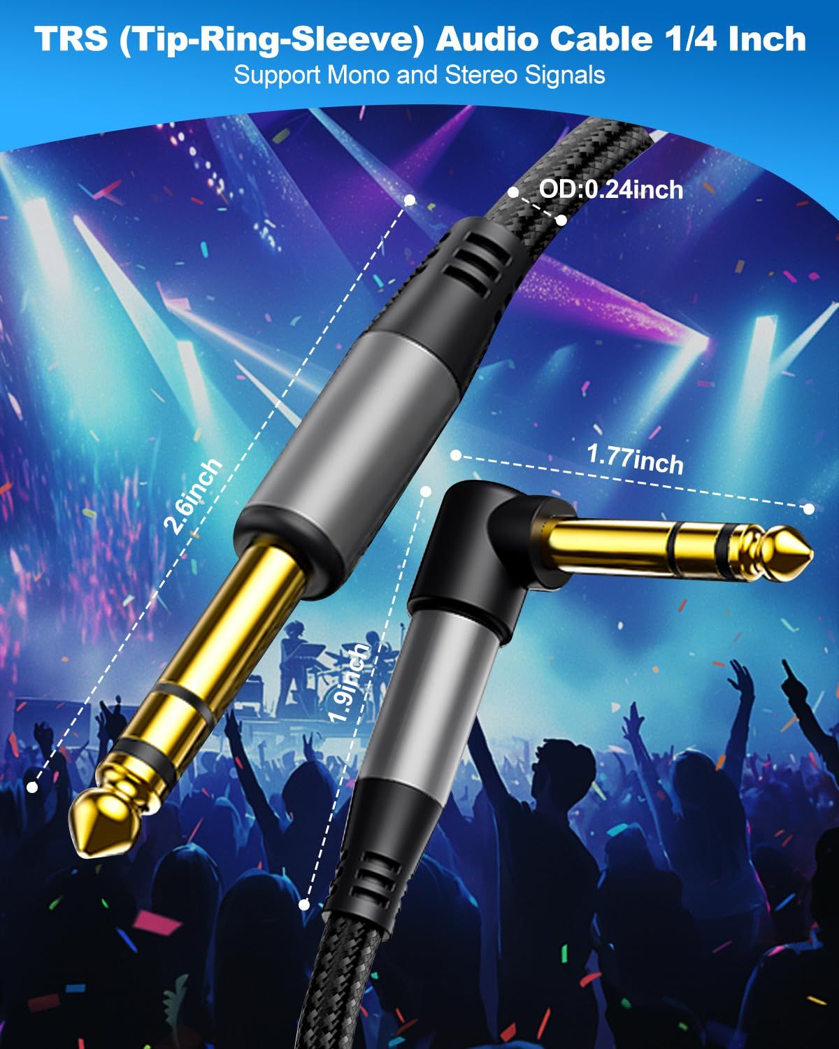 Communicates the precise physical dimensions of the audio cable and its connectors to help shoppers understand the product's size and compatibility with their…