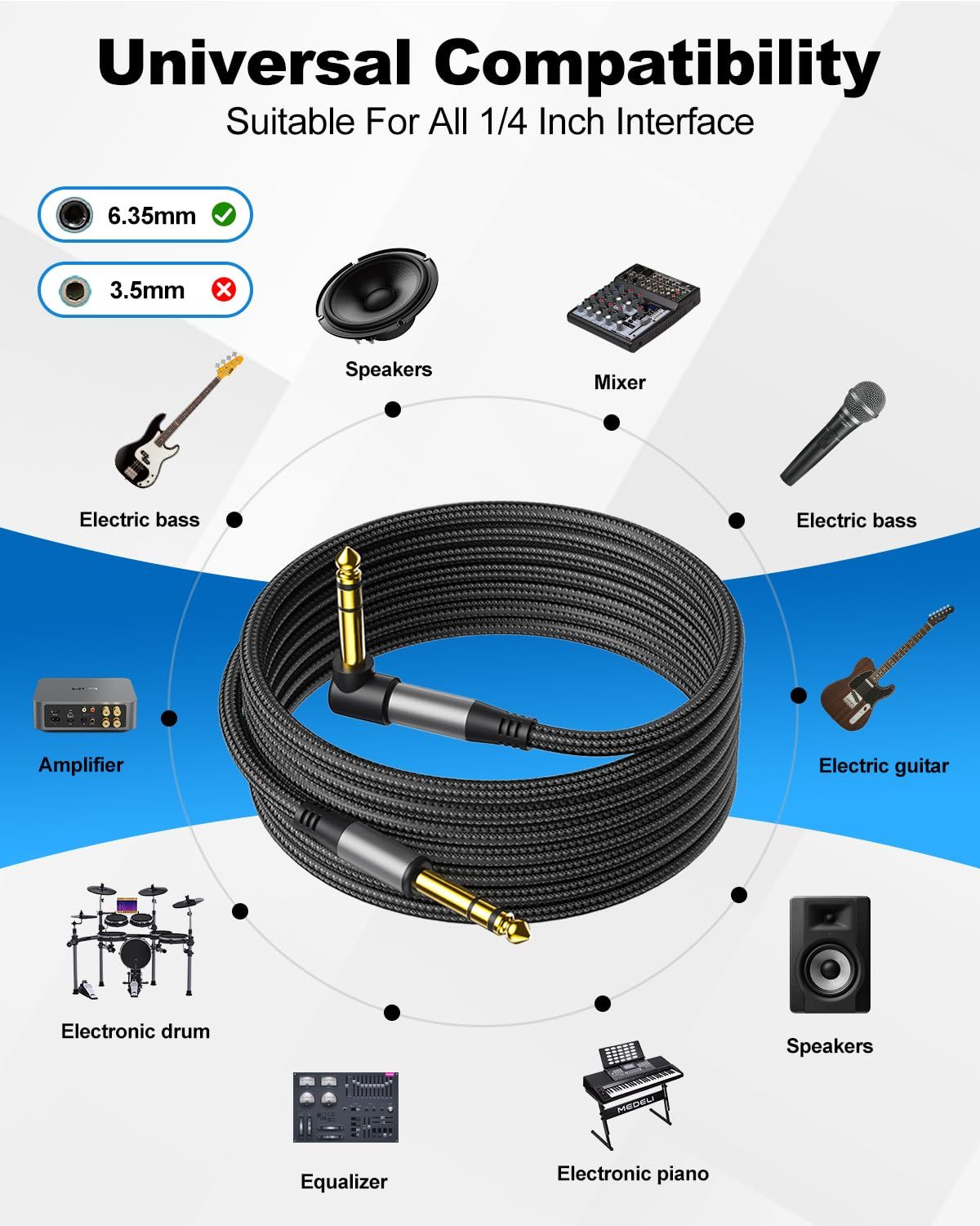 Demonstrates the wide range of musical instruments and audio equipment the cable is compatible with, reassuring shoppers of its versatility and universal 1/4…