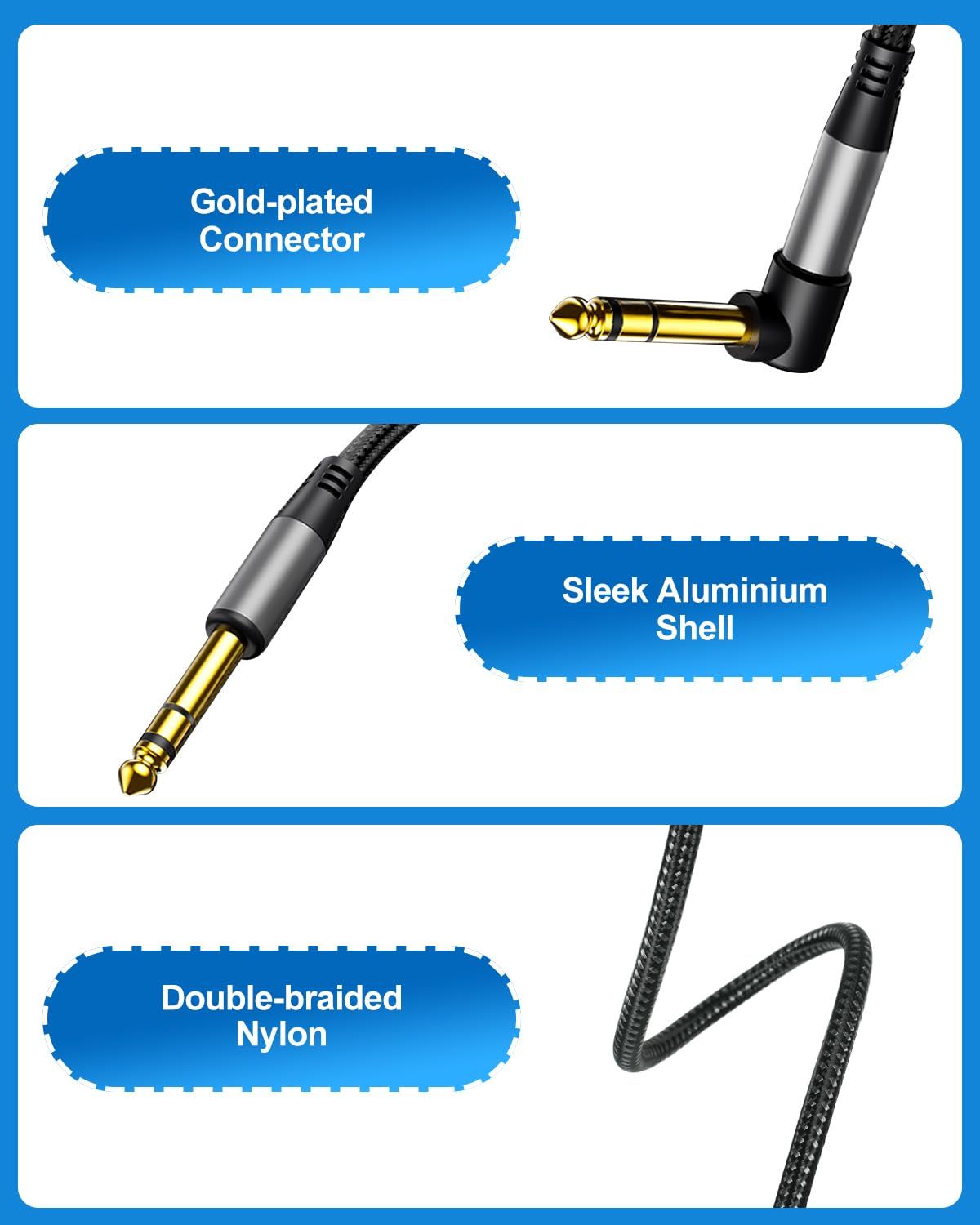 Breaks down the physical components and materials of the audio cable to communicate build quality and premium construction to shoppers. Highlights multiple…