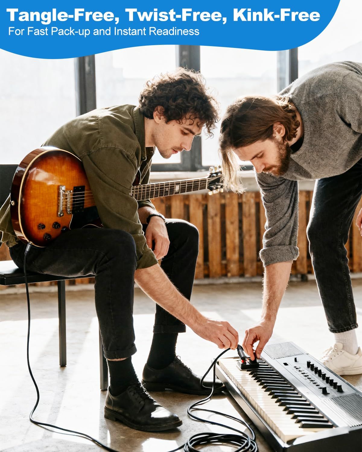 Communicates that the product cable remains tangle-free for fast setup and instant readiness, eliminating frustration during use.