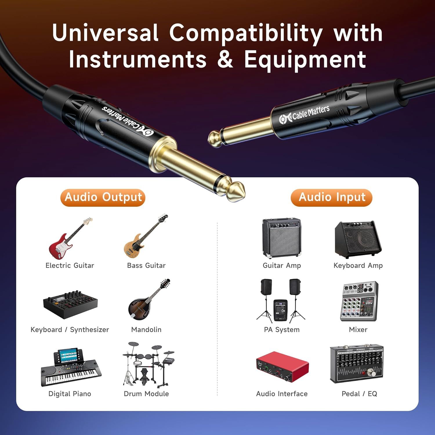 Demonstrates the cable's versatility by showing all the different musical instruments and audio equipment it can connect to, reassuring shoppers that it will…
