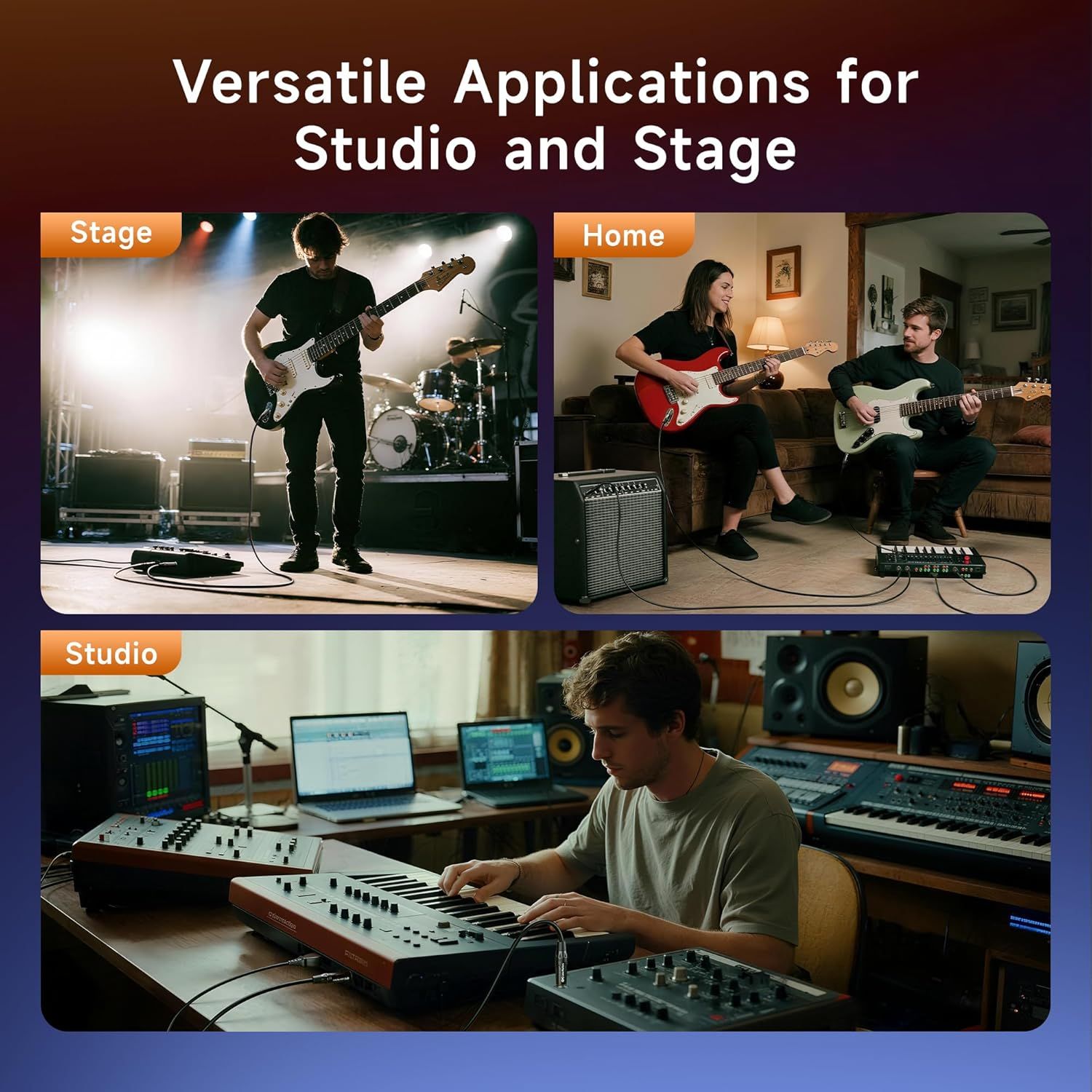 Demonstrates the product's versatility by showing it can be used in multiple professional and personal environments—on stage for live performances, at home…
