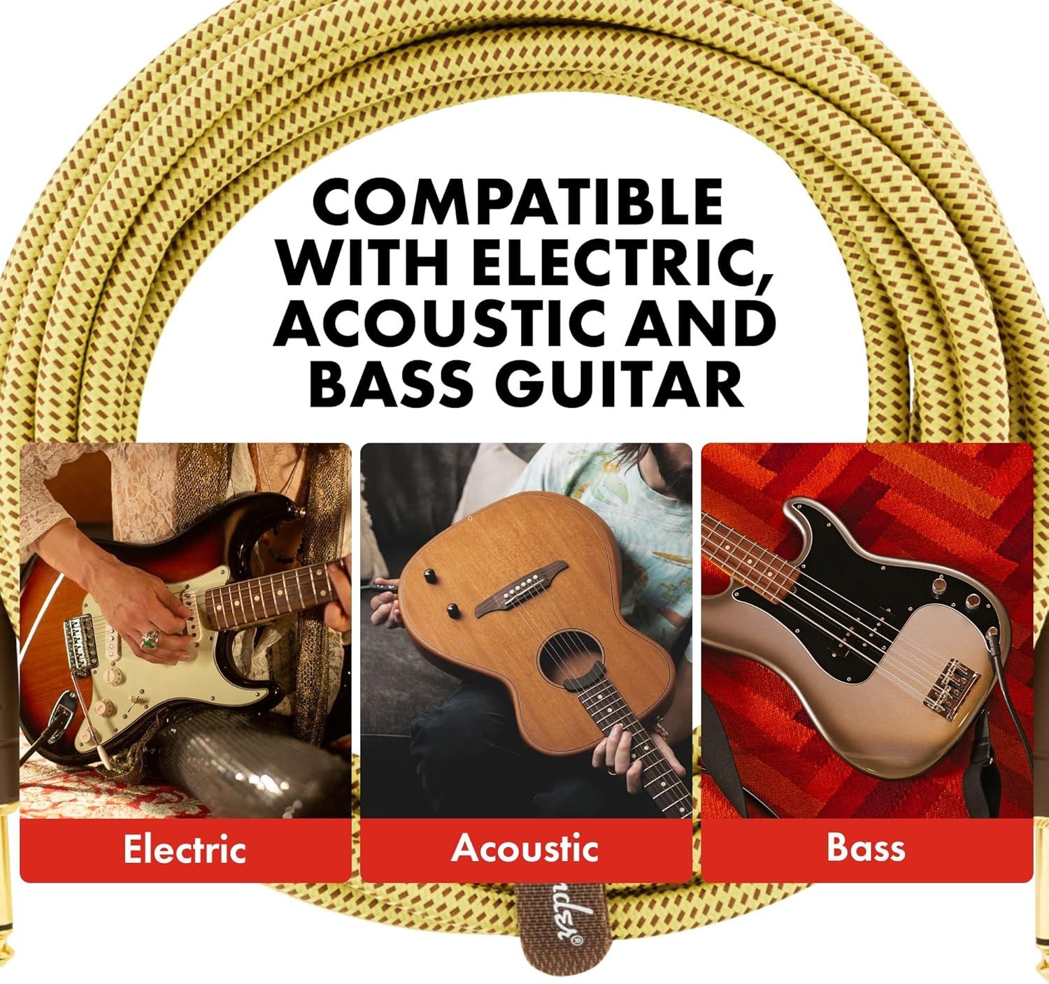 Demonstrates that the product (guitar cable/accessory) is compatible with multiple guitar types—electric, acoustic, and bass—to reassure shoppers of its…