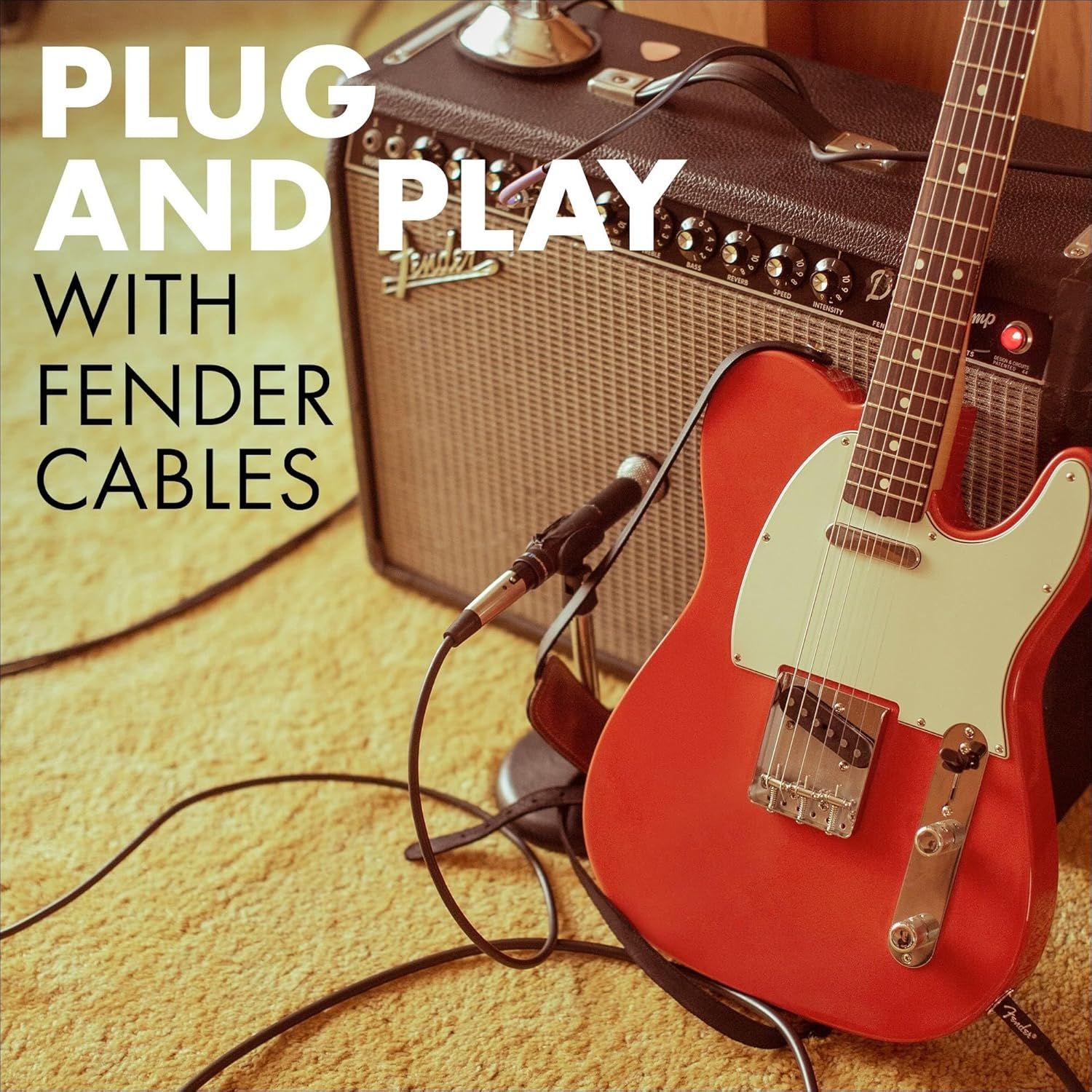 Shows the product (Fender cables) in an authentic lifestyle setting with a guitar and amplifier to help shoppers visualize how the cables are used in a real…