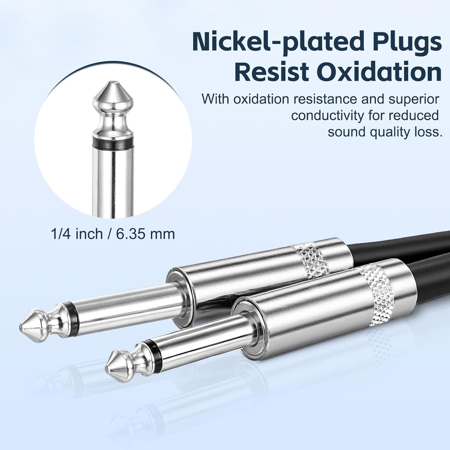 Highlights the nickel-plated plug construction and its oxidation resistance to reassure shoppers of durability and superior audio quality with reduced signal…