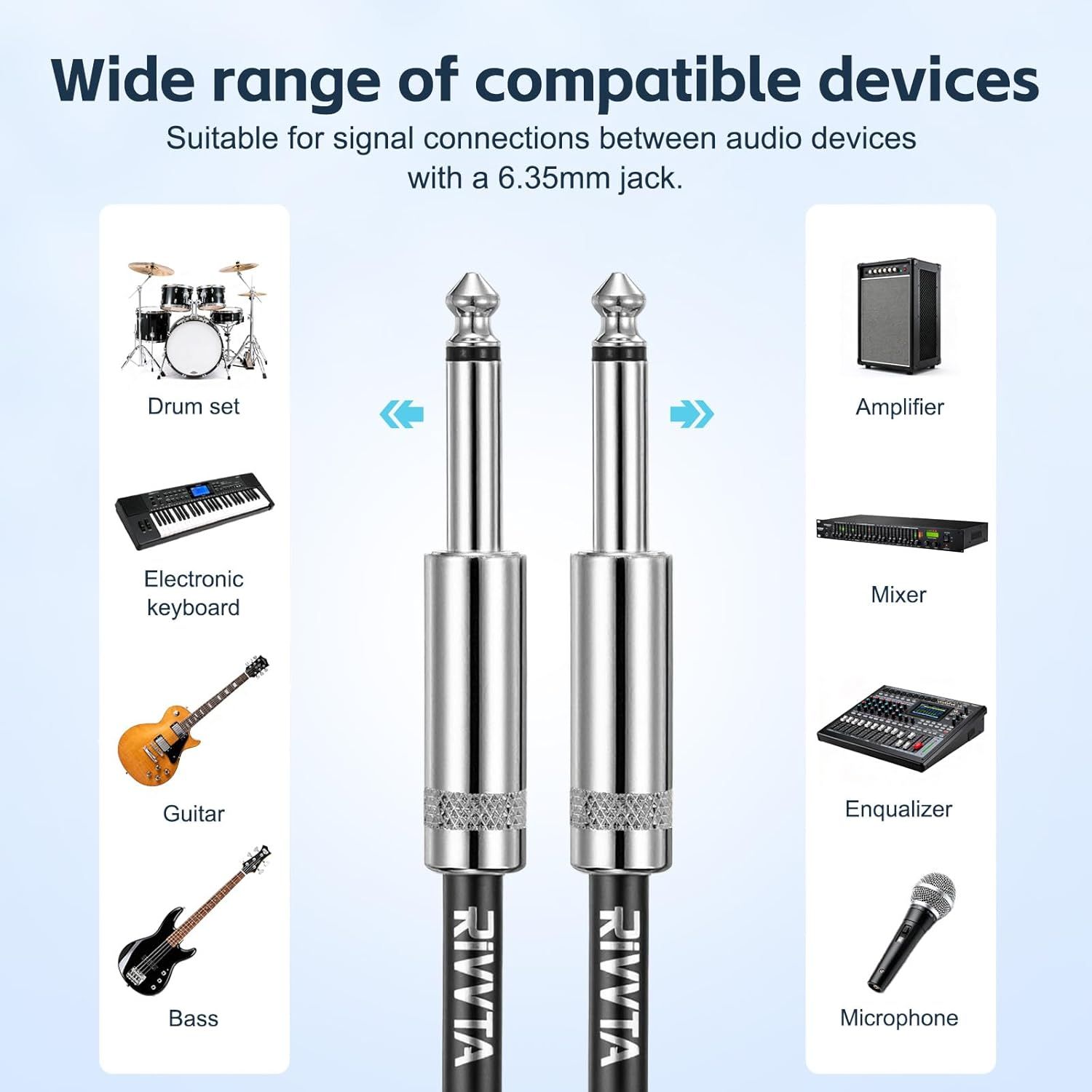 Demonstrates the wide range of audio devices and instruments that are compatible with this 6.35mm audio cable, reassuring shoppers of its versatility across…