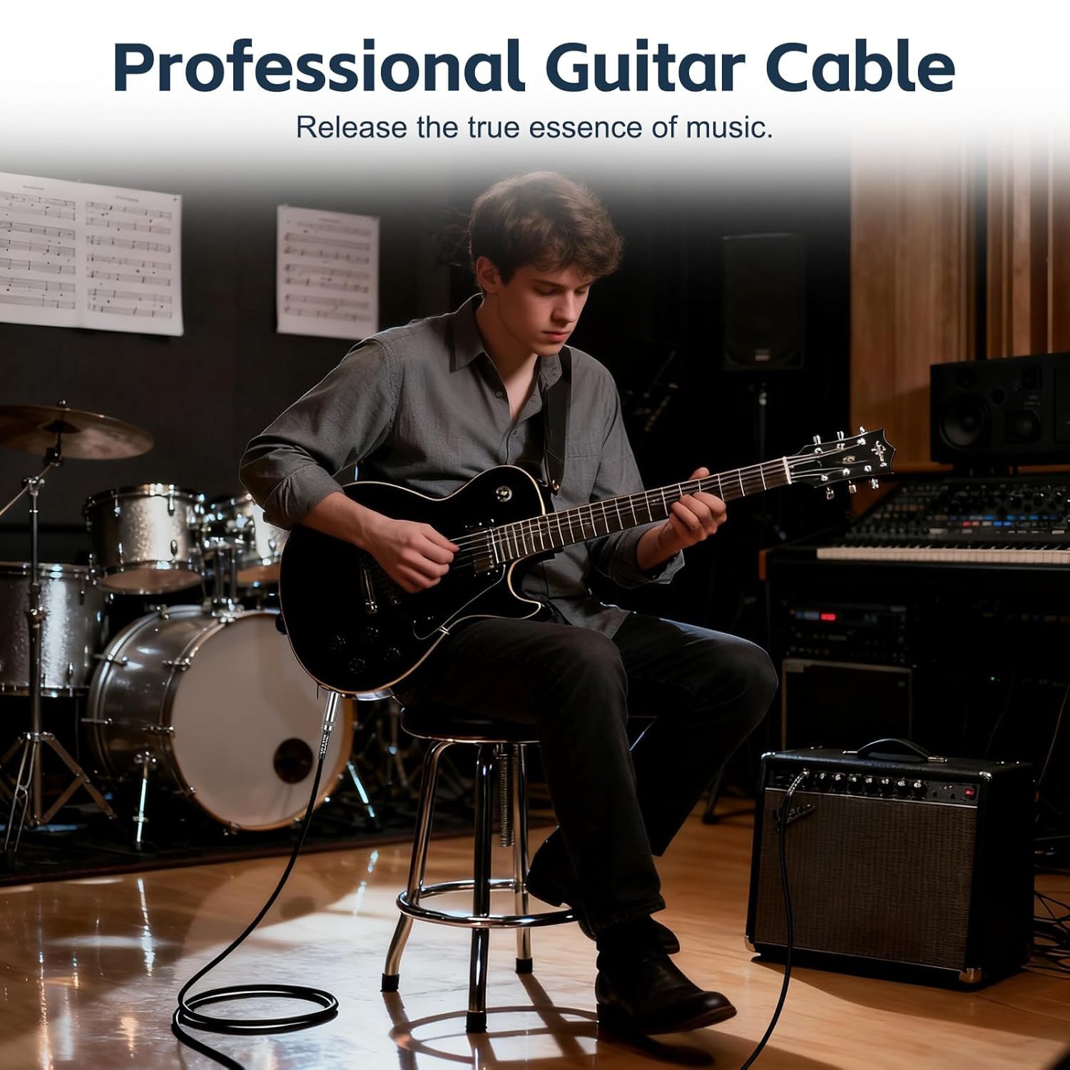 Showcases the guitar cable in an authentic professional music environment to help shoppers visualize the product in real-world use and establish credibility…