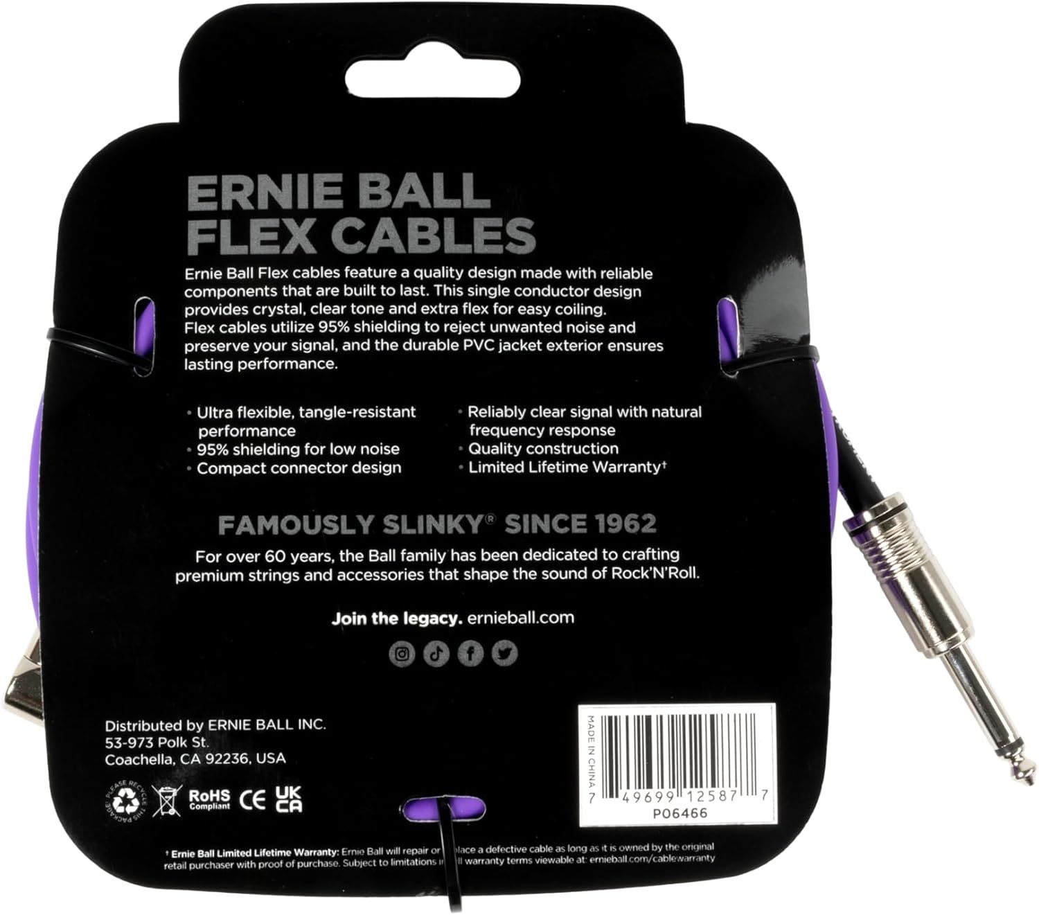 Communicates multiple technical benefits and features of the Ernie Ball Flex Cables in a segmented bullet-point layout to reassure musicians of the product's…
