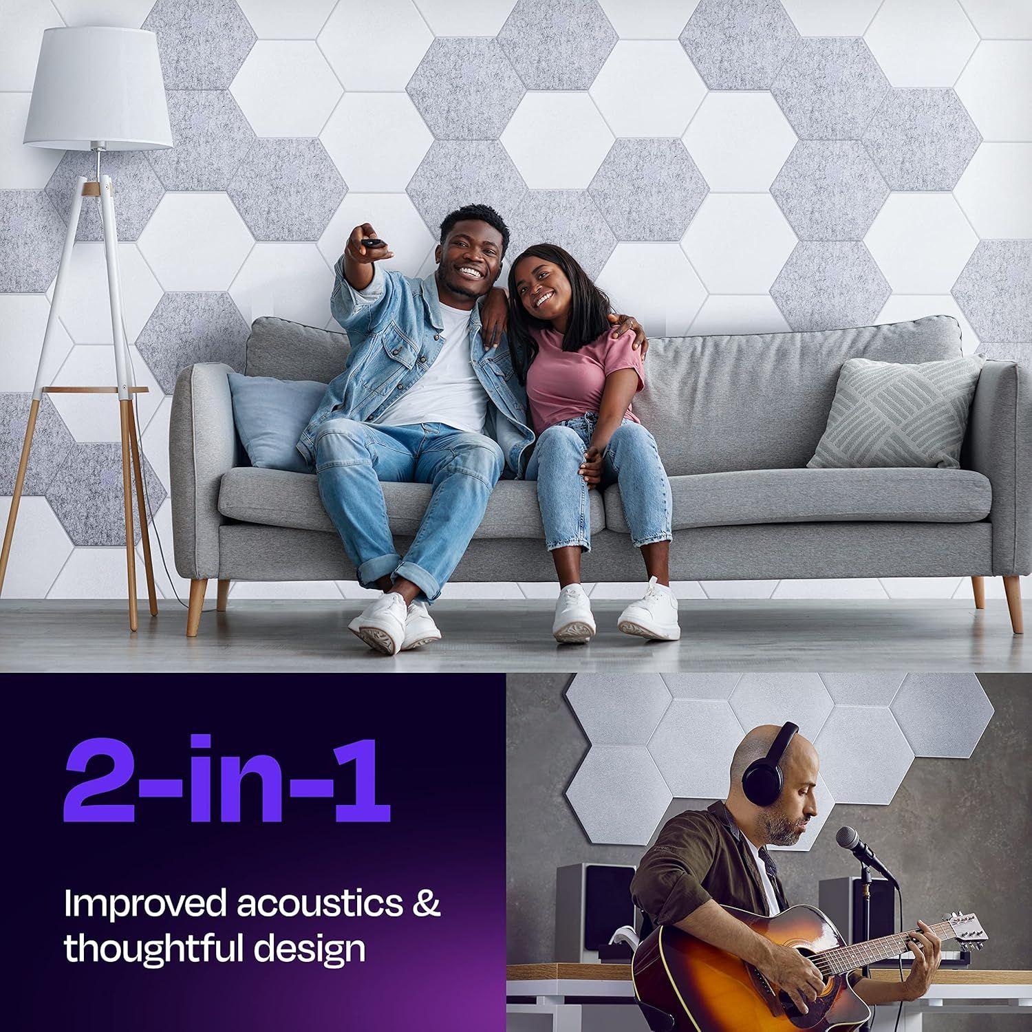 Communicates that the hexagonal wall panels serve a dual purpose: enhancing sound quality for entertainment and music while also providing aesthetic appeal…