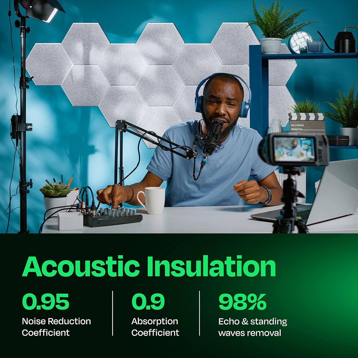 Communicates the product's acoustic performance through three quantifiable technical specifications (0.95 NRC, 0.9 absorption coefficient, 98% echo removal) to reassure shoppers of its…
