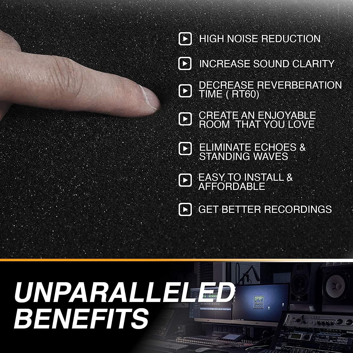 Communicates multiple acoustic benefits of the product (likely acoustic foam panels) to show shoppers how it improves sound quality, reduces echoes, and…