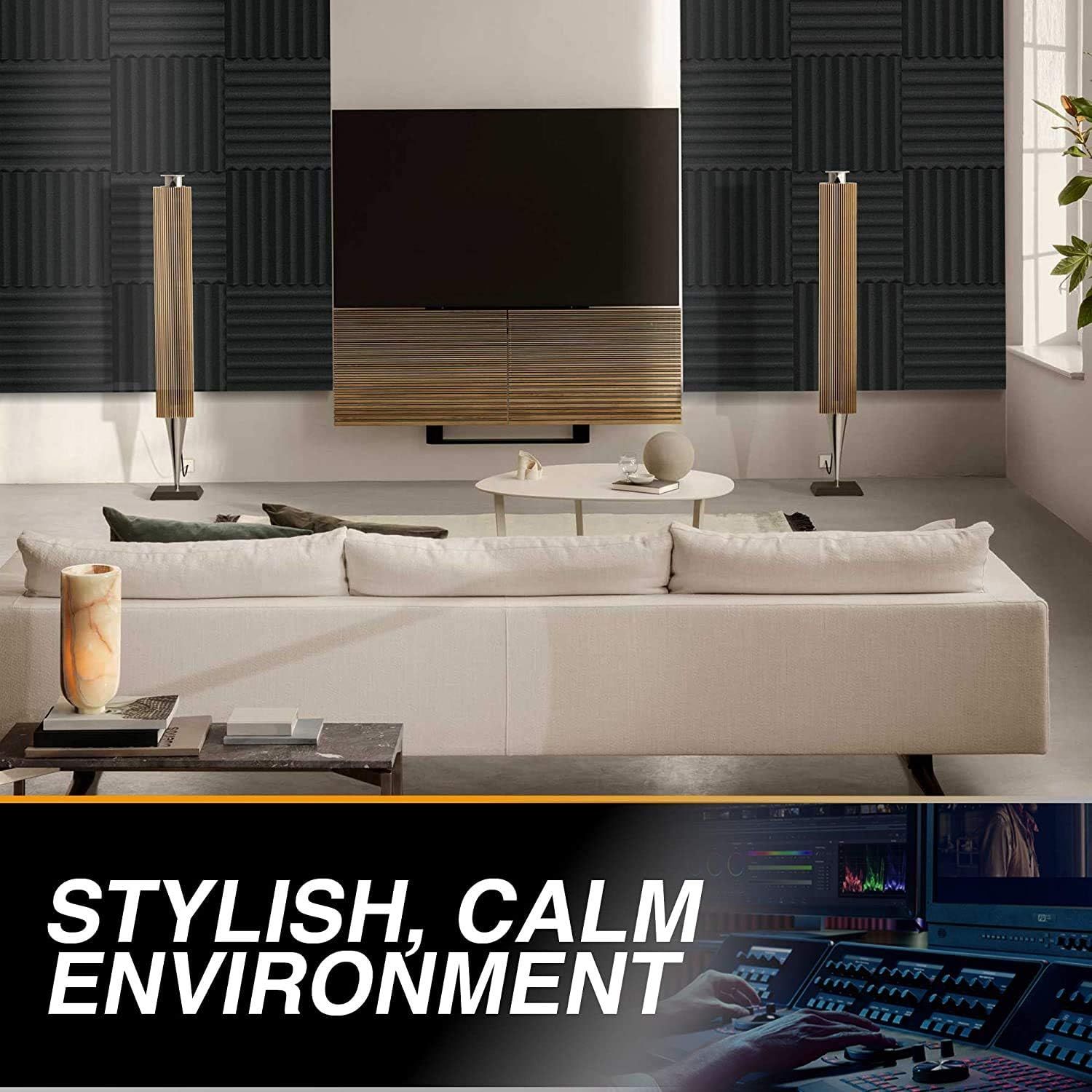 Demonstrates the product in an upscale, real-world living room environment to show how it integrates into a stylish, calm home theater setup with acoustic…