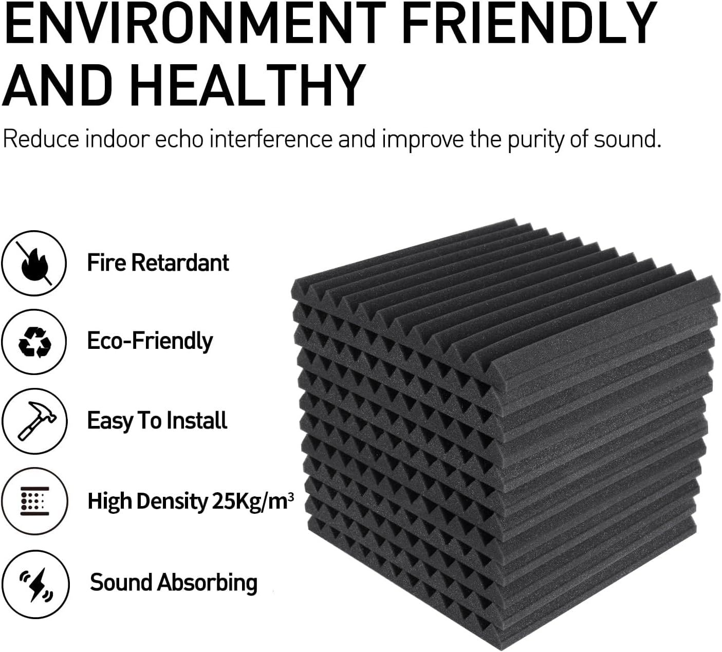 Communicates that the acoustic foam panels are environmentally responsible and safe to use, reassuring shoppers about sustainability and fire safety certifications. Showcases multiple distinct…