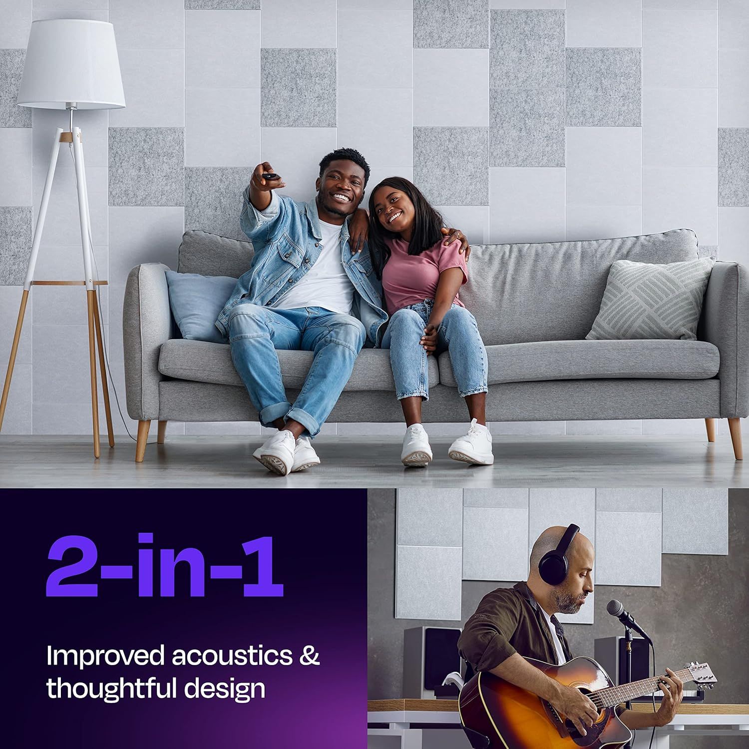 Communicates that the product (acoustic wall panels) serves a dual purpose: enhancing sound quality while also providing aesthetic design value for home…