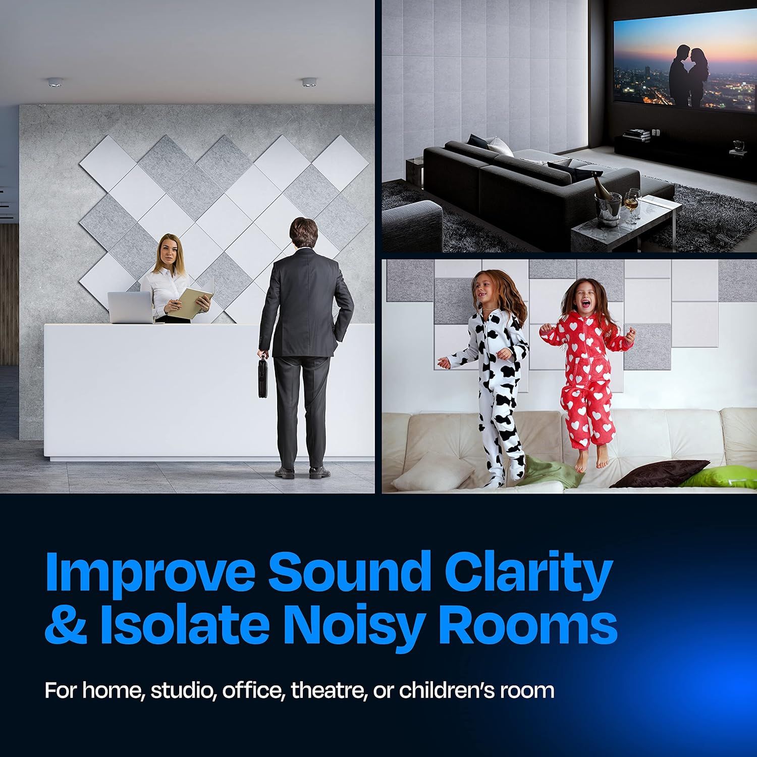 Demonstrates the versatility of the soundproofing product by showing it works effectively in multiple real-world environments including professional offices, home theaters, and children's rooms.